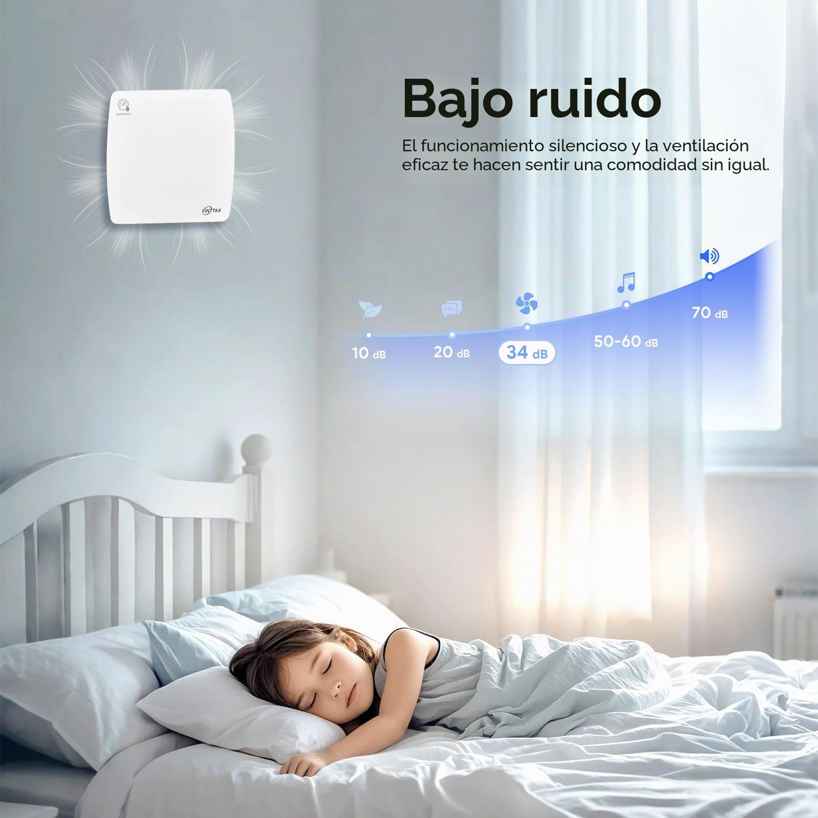 Ventilador extractor silencioso de 100 mm para baño con sensor de humedad y temporizador, ventilador cuadrado blanco para baño 95 m³/h, ventilador extractor de pared/ventana para cocina, ducha