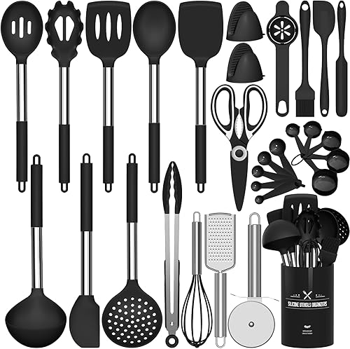 AIKKIL Juego de utensilios de cocina de cocina, juego de espátula de silicona resistente al calor con soporte, 30 piezas de utensilios de cocina