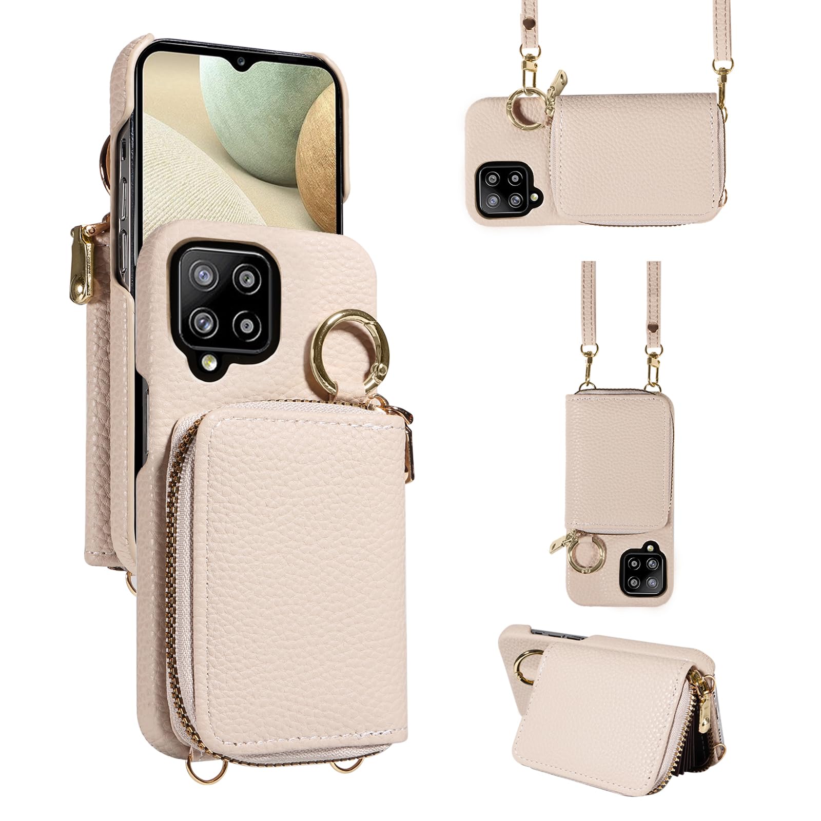 Furiet Wallet Case for Samsung Galaxy A22 4G 6.4 inch with Shoulder Strap Ring Buckle, PU Leather Zipper Organ Purse, Credit Card Holder Stand Phone