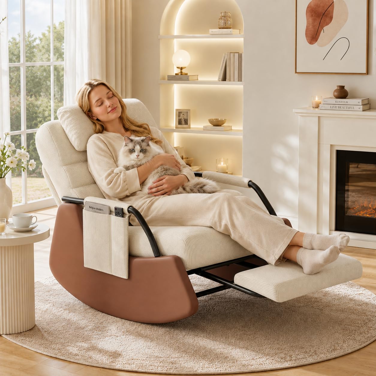 Butaca mecedora con taburete, sillón mecedora con respaldo ajustable en 3 posiciones, sillón relax con suave reposacabezas, sillón de salón, para sala de estar, balcón, jardín (Cord, Beige B)