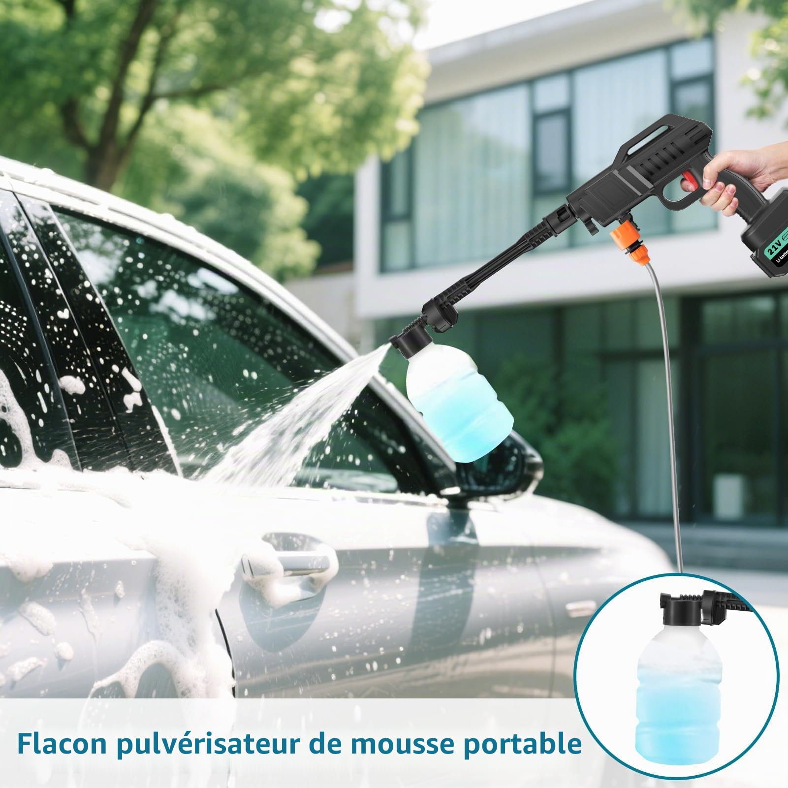 Nettoyeur Haute Pression sans Fil 100 Bar 270 l/h Portable avec 2 Batteries de 3000 mAh pour Voiture et Terrasse | Pistolet de Lavage Mobile 6 en 1 Buse Réglable Tuyau de 5m