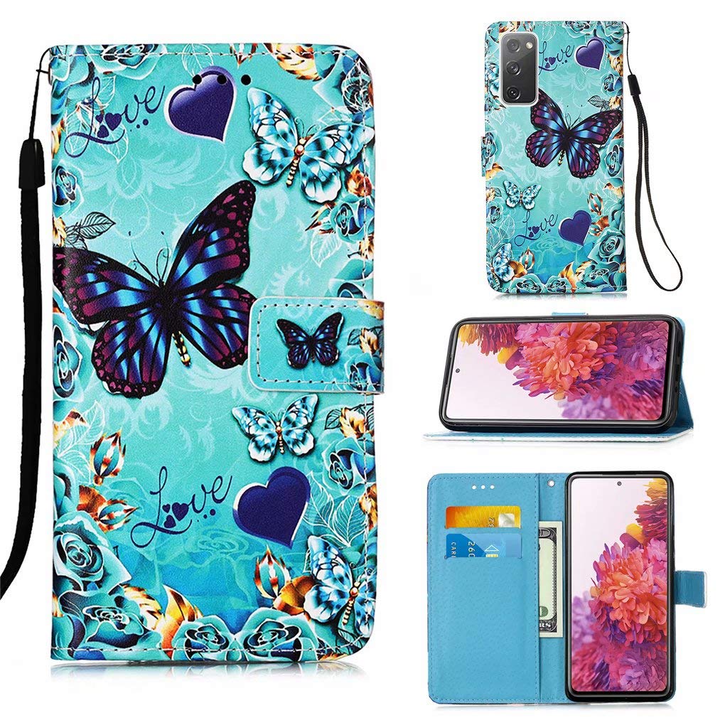 NiaCoCo Compatible with Samsung Galaxy S20 FE/S20 Lite/S20 Fan Edition Phone Case Flip Cover Leather with Card Slot Wallet 3D Pattern Magnetic Buckle Case+1 free Screen Protector-(Butterfly)