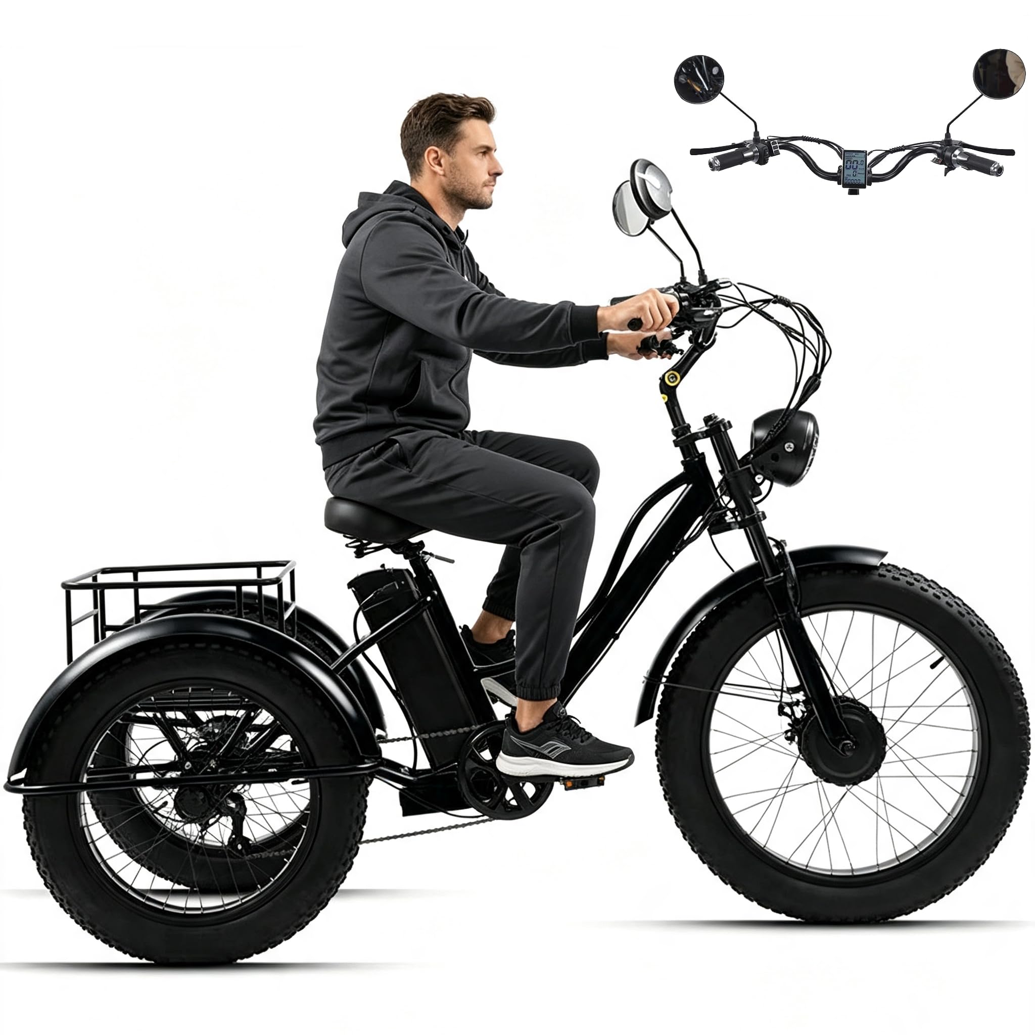 Tricycle électrique 7 Vitesses Pour Adultes, Pneus Larges 24'' X 4.0, Batterie 48 V 18 Ah, Grand Panier De Rangement, écran Lcd, Idéal Pour Les Trajets Quotidiens,Le Shopping Et Les Loisirs Black
