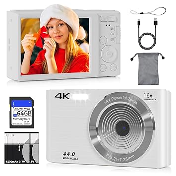 Digital Camera 44MP 4K Auto Focus Point and Shoot Kids Video Camera with 64GB SD Card 2 Batteries 16X Digital Zoom Compact Portable Small Vintage Camera Gifts for Teens Kids Boys Girls(White)
