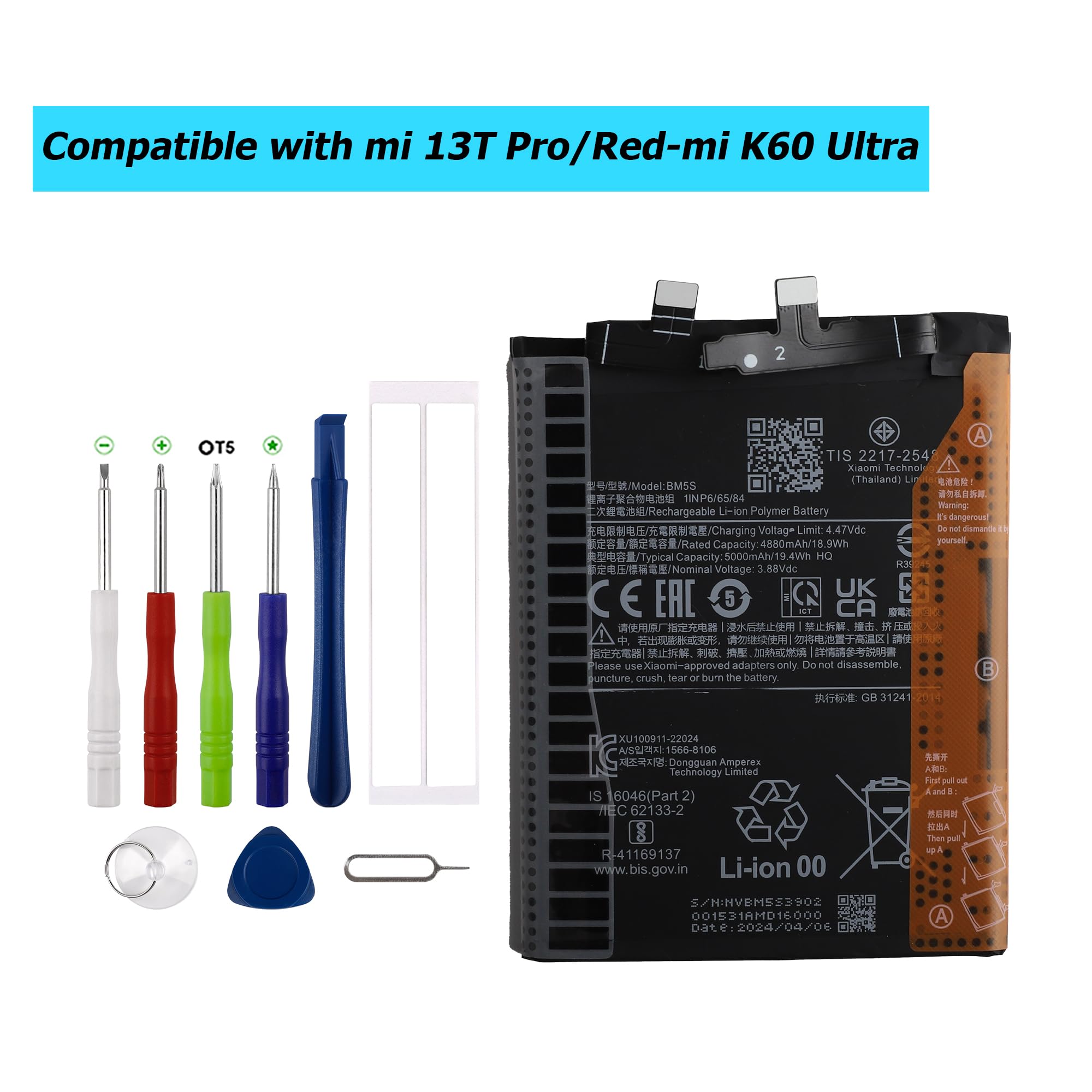 BM5S Batteria di ricambio compatibile con Xiaomi 13T Pro/Redmi K60 Ultra con toolkit