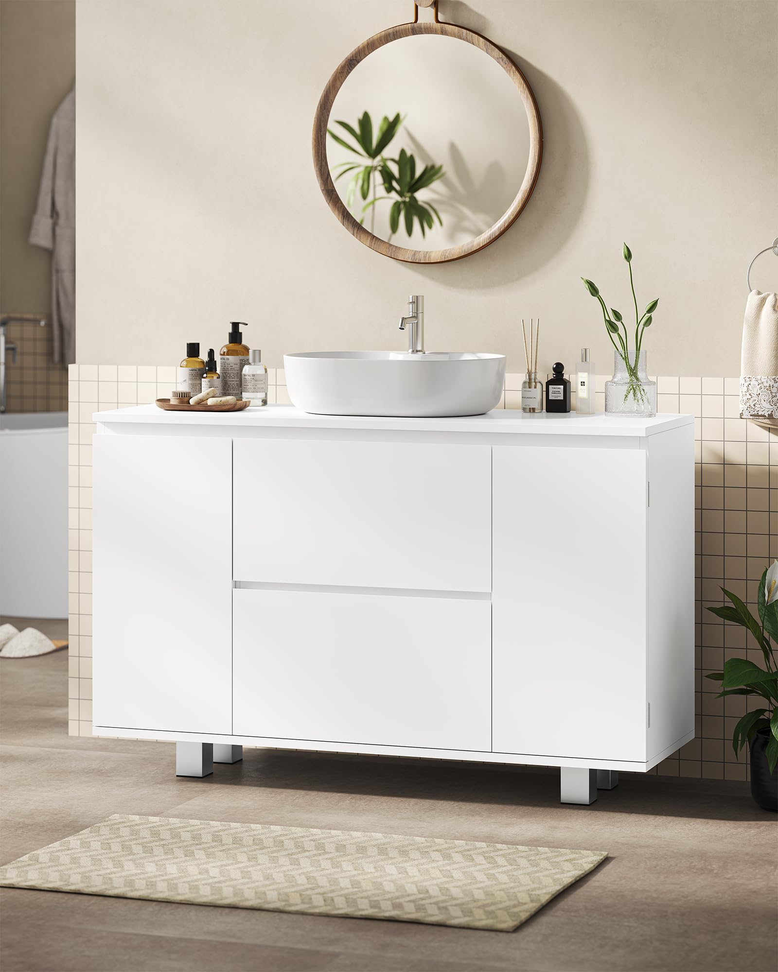 KIMENICH Waschbeckenunterschrank, Badezimmerschrank mit Schubladen, Türfächer, Verstellbare Ablagen, Unterschrank Waschbecken mit Füßen, Viel Stauraum, 90 x 30 x 60 cm, Weiß