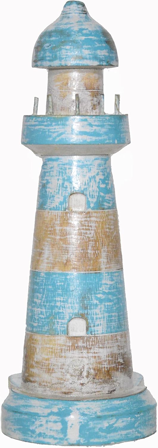 WorldBazzar New Hand Carved Lighthouse Teal Color Design Paper Towel Holder Wood Carving Nautical Statue Kitchen Gadget Sculpture, Brown, Blue, White Wash, White, Wash, Aqua, Teal, Green, Marine