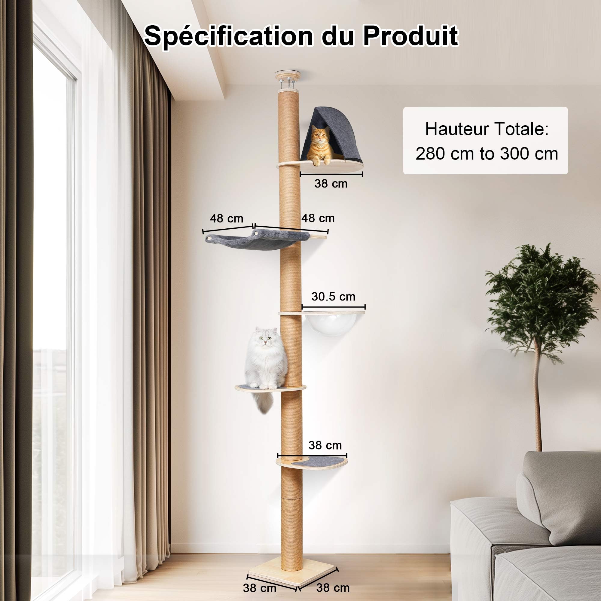 FUKUMARU Arbre à Chat du Sol au Plafond, Tour d'escalade à 6 Niveaux de Hauteur Réglable avec Griffoirs Épais, Centre d'Activité pour Chat avec Capsule Transparente et Hamac Douillet