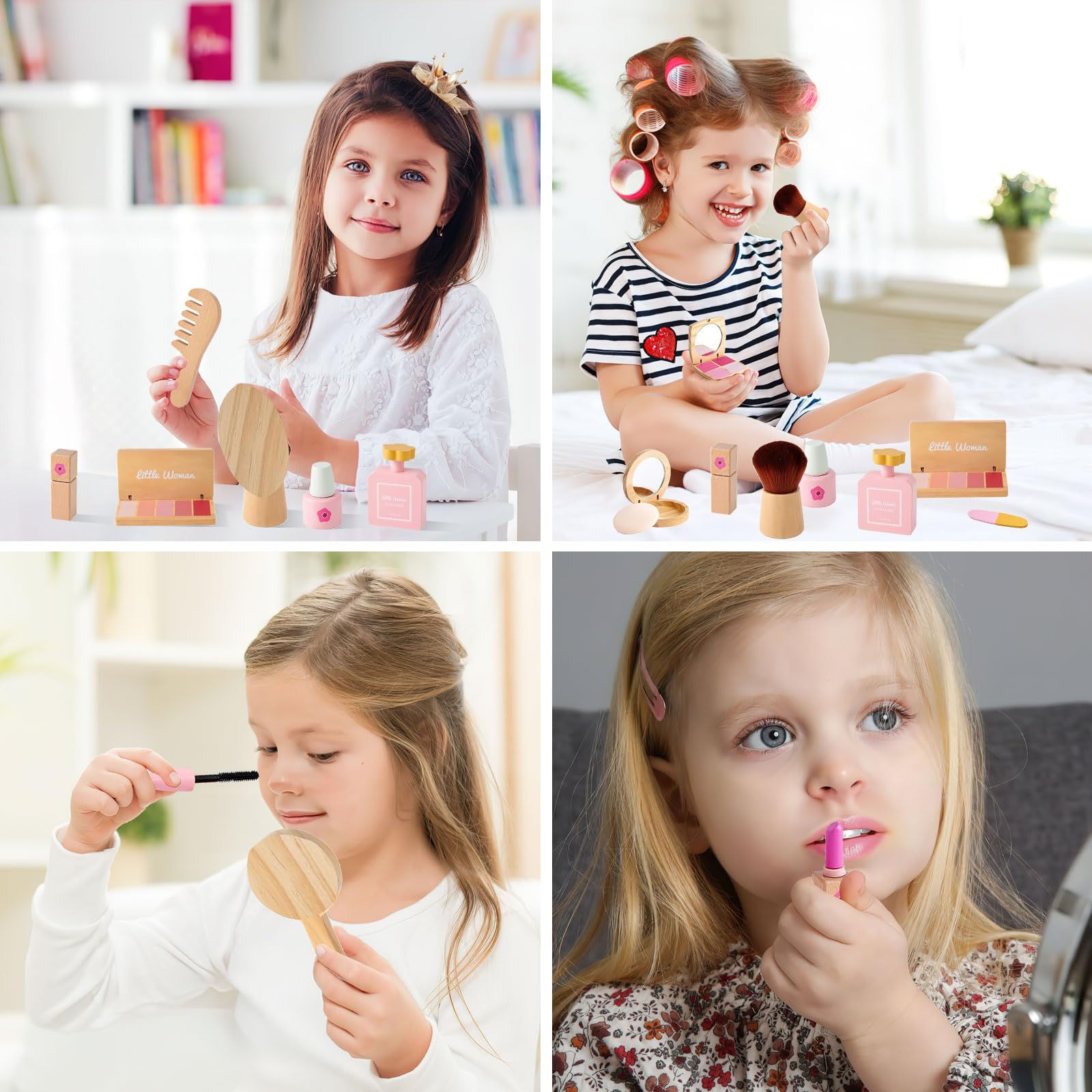 Holz Kinderschminke Set für Mädchen, 15-teiliges Kinder Schminkset aus Holz, Kosmetik Makeup Spielzeug Rollenspiel Prinzessin Schminkkoffer Geschenk ab 3 Jahren