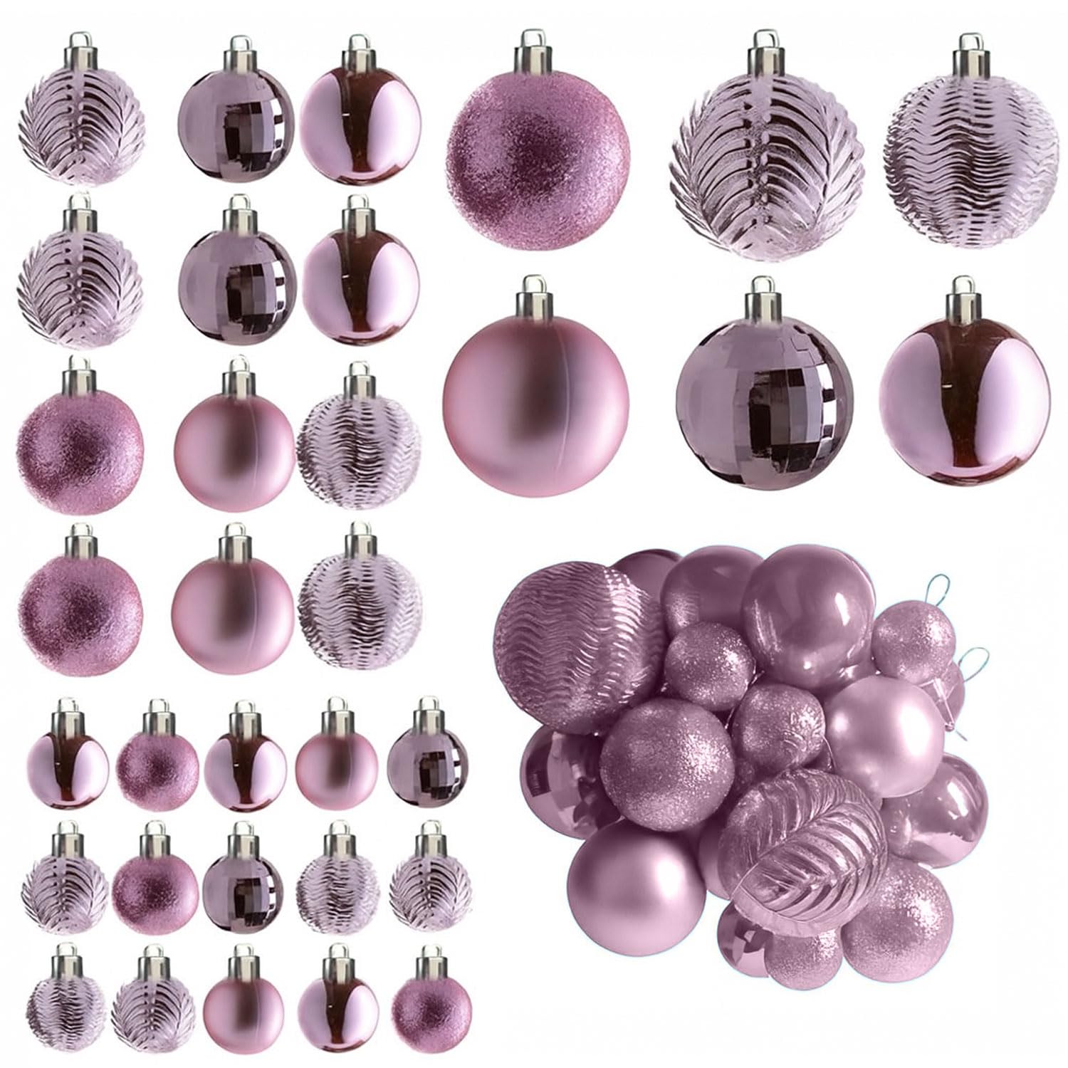 Neo Frosted Pink 36Pcs Christmas Tree Ornaments Set Baubles Glitter Balls Holiday Festive Decorations Assorted Sizes Colours Home Party Décor (Frosted Pink)