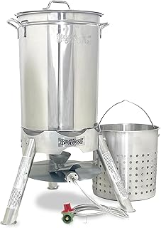 Bayou Classic Stainless Steel Boiler Cooker Kit Features 44-qt Stainless Boiler with Lid, Steam/Boil Basket, 4-in Cast Aluminum 58,000 BTU Burner, 10-psi Pre-Set Regulator and 48-in Hose