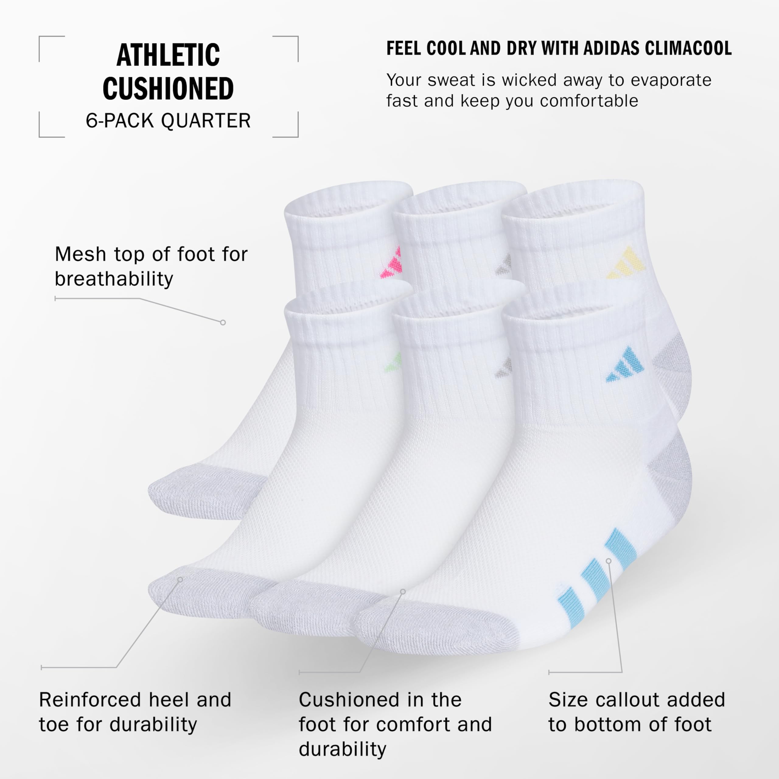 Lot de 6 paires de chaussettes de sport rembourrées pour enfants, garçons et filles, en tissu durable adidasGirls