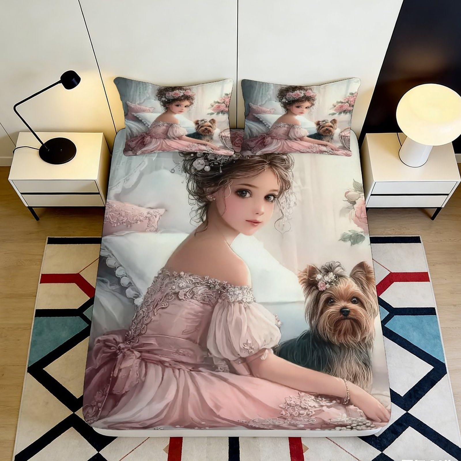 3D Printed Vintage Lady and Dog Fitted Sheet Microfiber Pink Artistic Bed Sheet for Bedroom Guestroom Decor 90x200x25cm