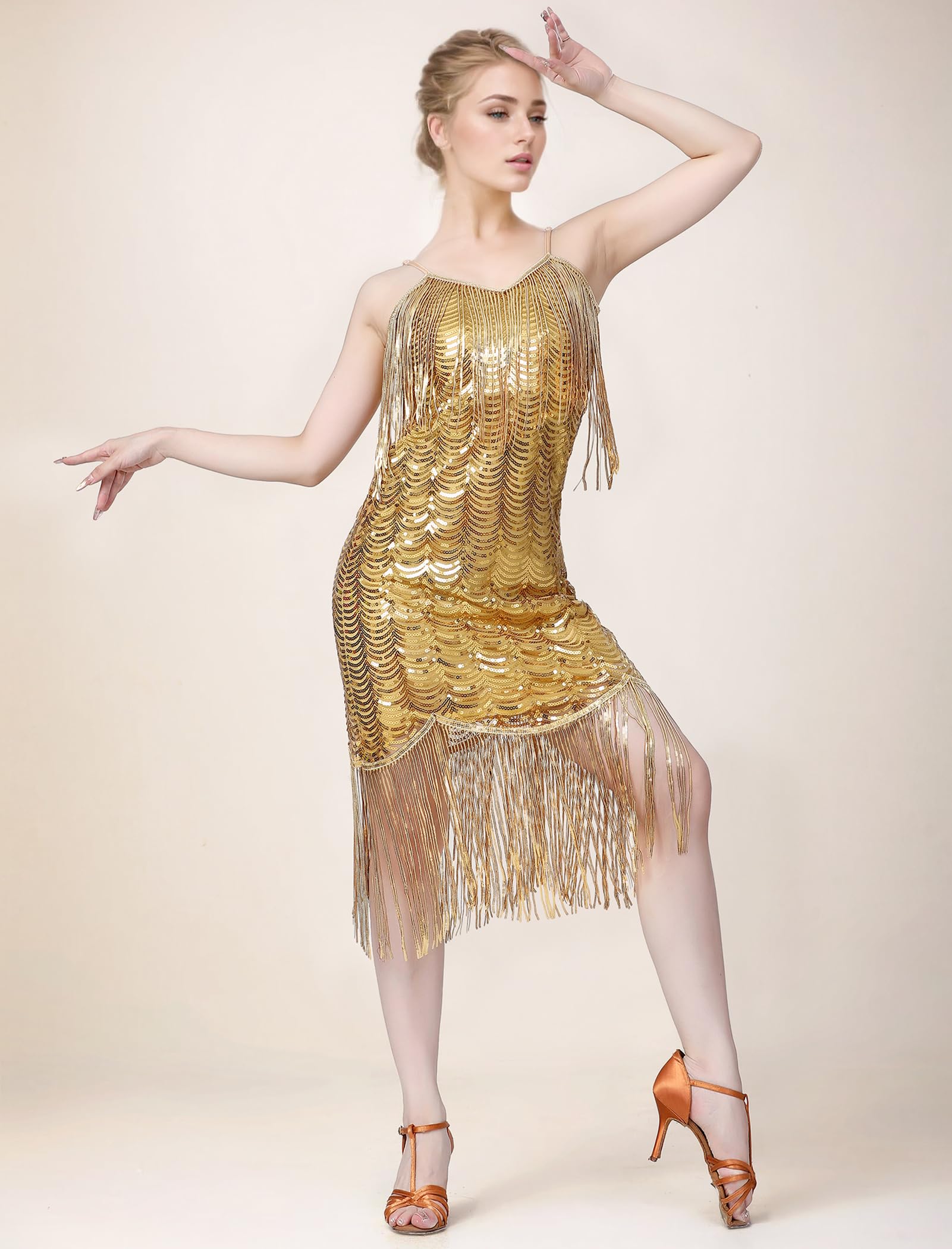 Vestido de baile latino con lentejuelas brillantes para mujer, con borlas, flecos, vestido de baile de salón