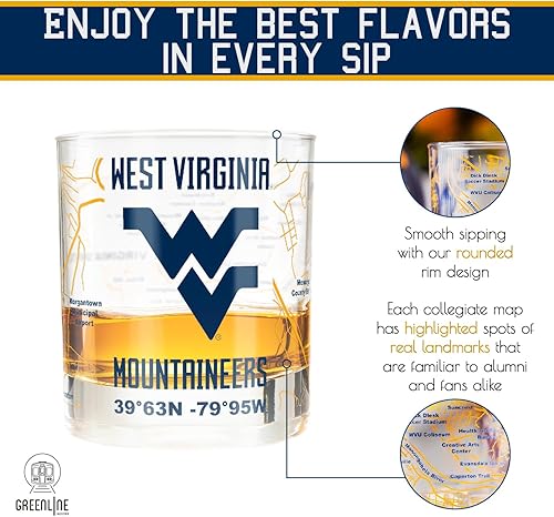 Miniatura 4 de Juego de vasos de whisky de la Universidad de Virginia Occidental (2 vasos de bola baja)  Contiene logotipo de West Virginia Mountaineers a todo