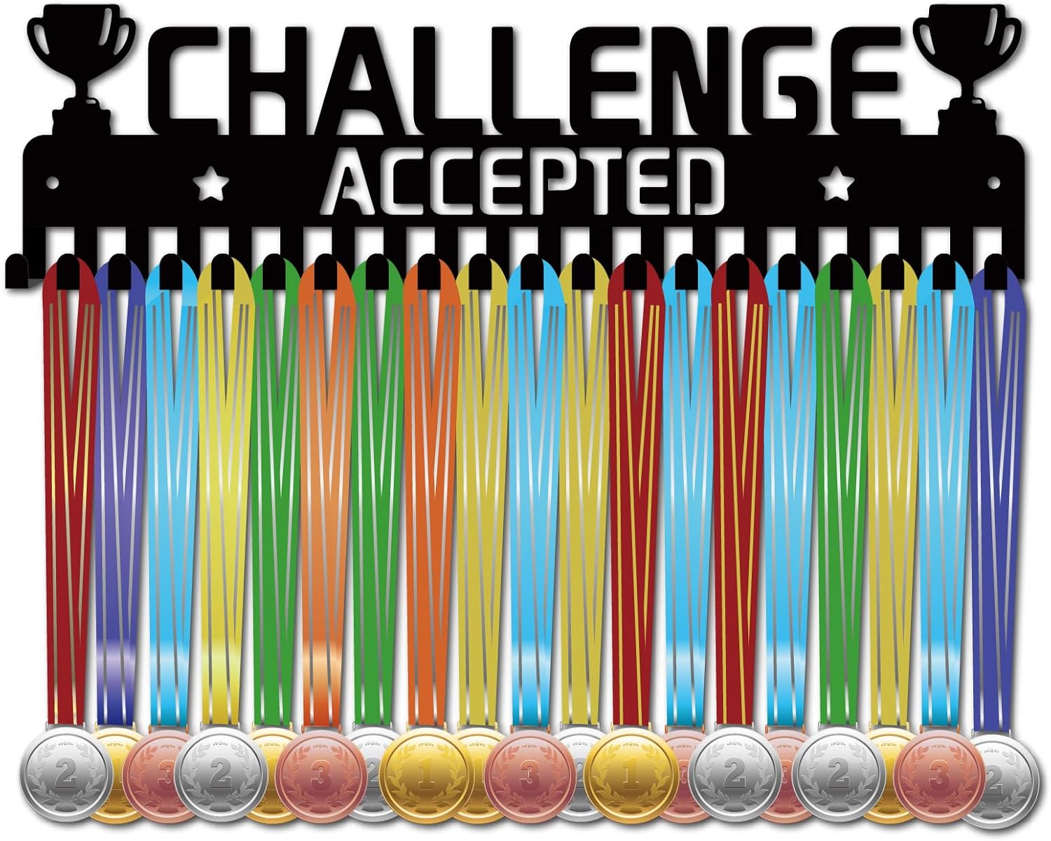 CREATCABIN Challenge Accepted Medal Holder Hanger Medals Display Rack Black Metal Iron Medal Shelf Hanger Organizer Medal Stand Wall Mounted with 20 Hanging Hooks for Award Ribbon Swimmers 6x15.7Inch