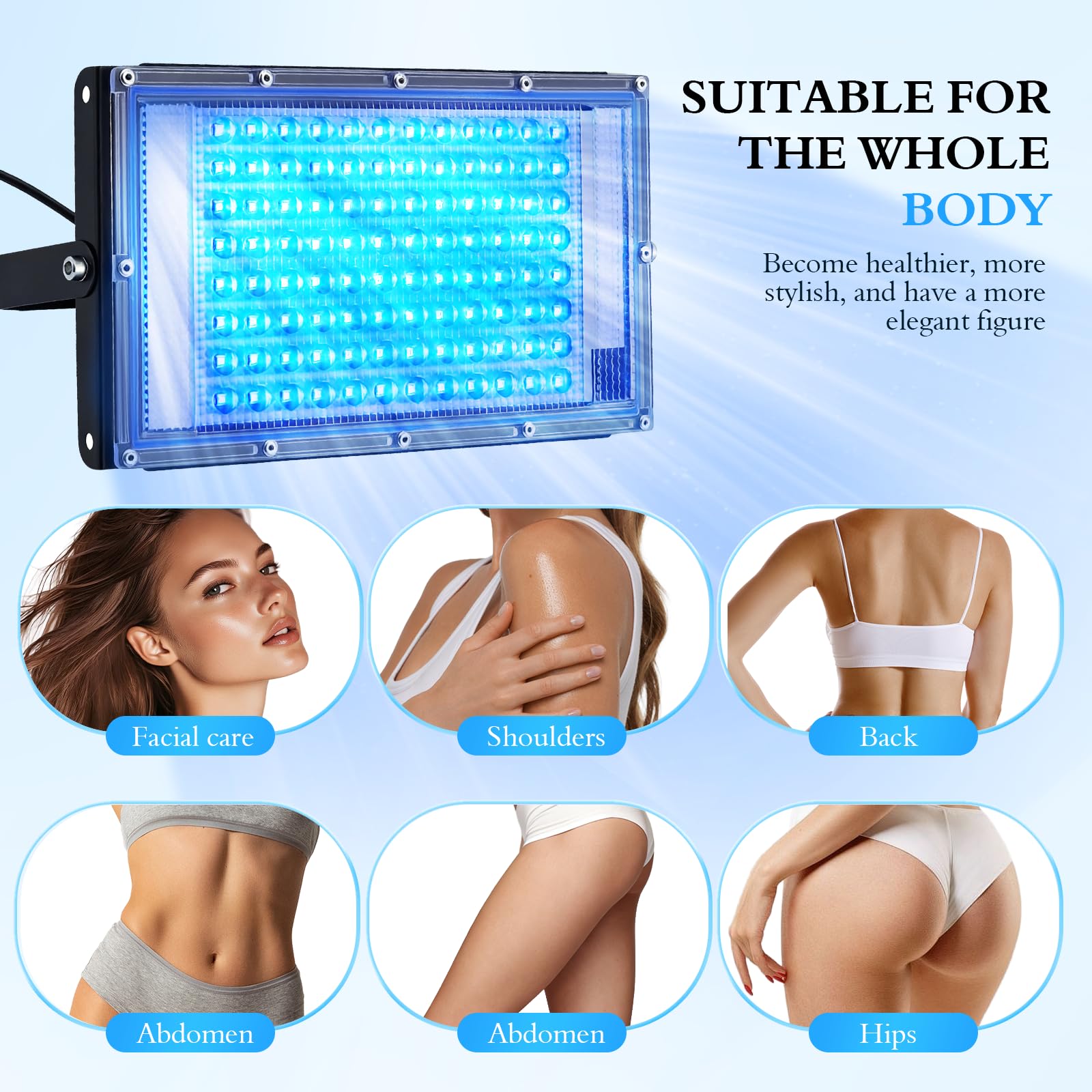Lámpara de Bronceado 460nm 50W, Solarium para el Hogar con 5 Niveles de Luminosidad y 4 Temporizadores, 225 LEDs, Altura y Ángulo Ajustables, lámpara de bronceado para Rostro y Cuerpo