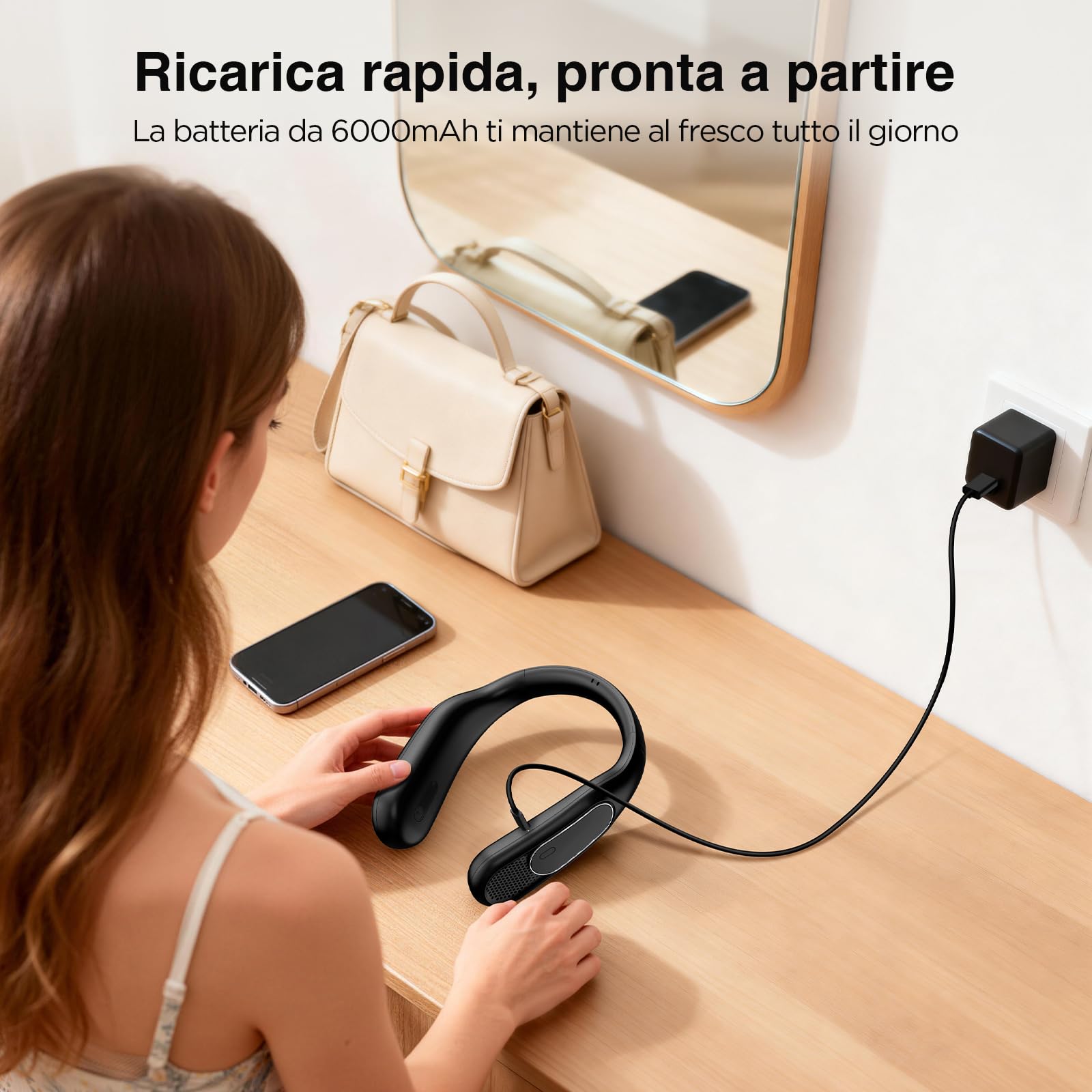 Ventilatore da Collo Bladeless 6000mAh, Ricaricabile a 4 Velocità Ventilatore Portatile da Collo USB per Uomo/Donna, Ideale per Viaggi, Sport, Lavoro, Uso Interno ed Esterno (Nero)