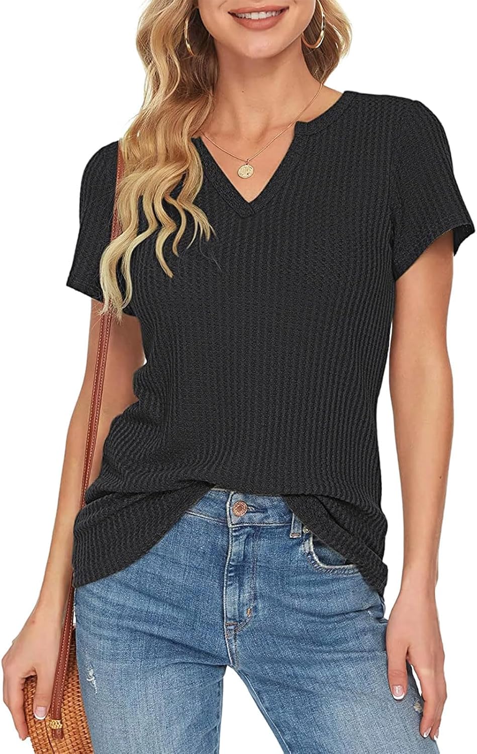 Womens V Neck Waffle Knit Tunic Tops Casual Short Sleeve Loose Fit T Shirts Basic Tee - Image 2