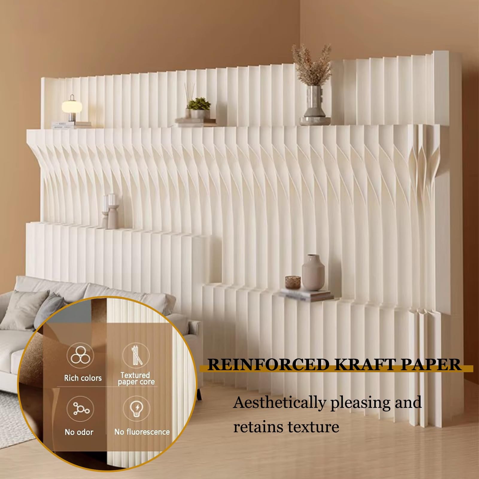 Raumteiler Papier Raumteiler Faltbarer Sichtschutz mit Ablagen(3x2 m/9.84x6.56 ft)
