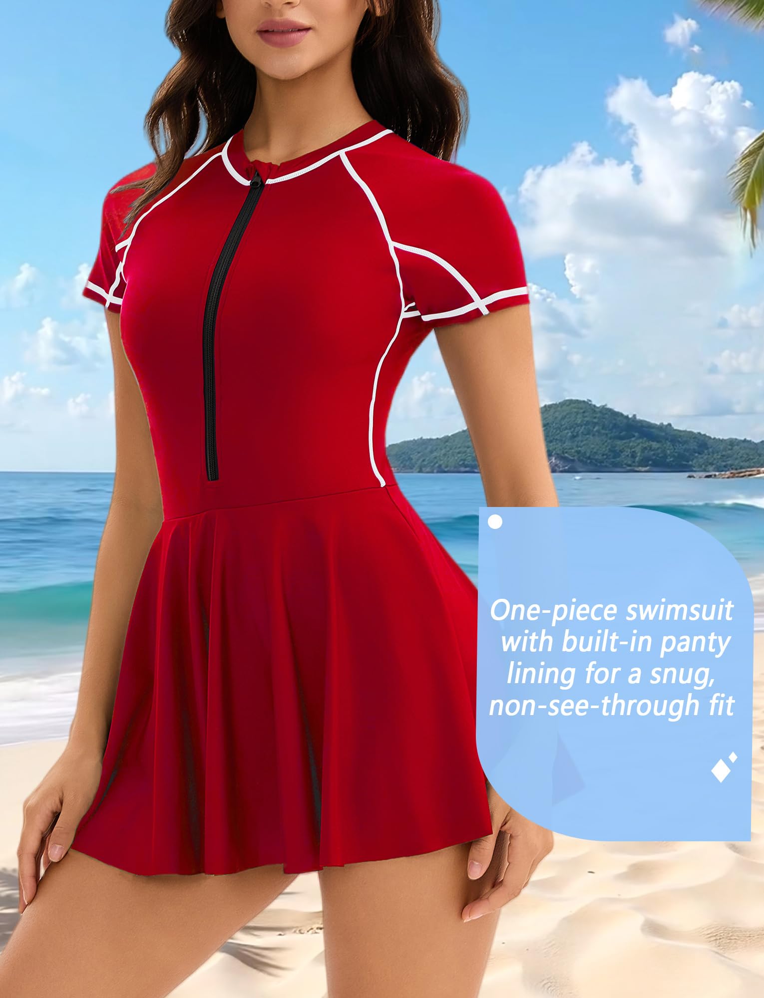 AIEOE Maillot de bain une pièce pour femme avec jupe - Maillot de bain à manches courtes - Rashguard - Maillot de bain pour le surf - Protection solaire UPF 50+ - Séchage rapide