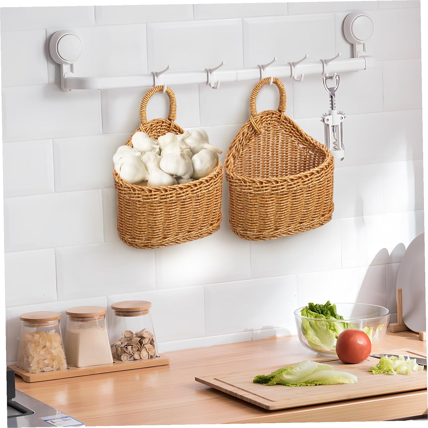 Cabilock Woven Storage Basket Hanging Kitchen Storage Basket for Garlic Ginger 9.64 X 7.48 X 3.93 in Wall Hanging for Kitchen Organization and Rustic Decor
