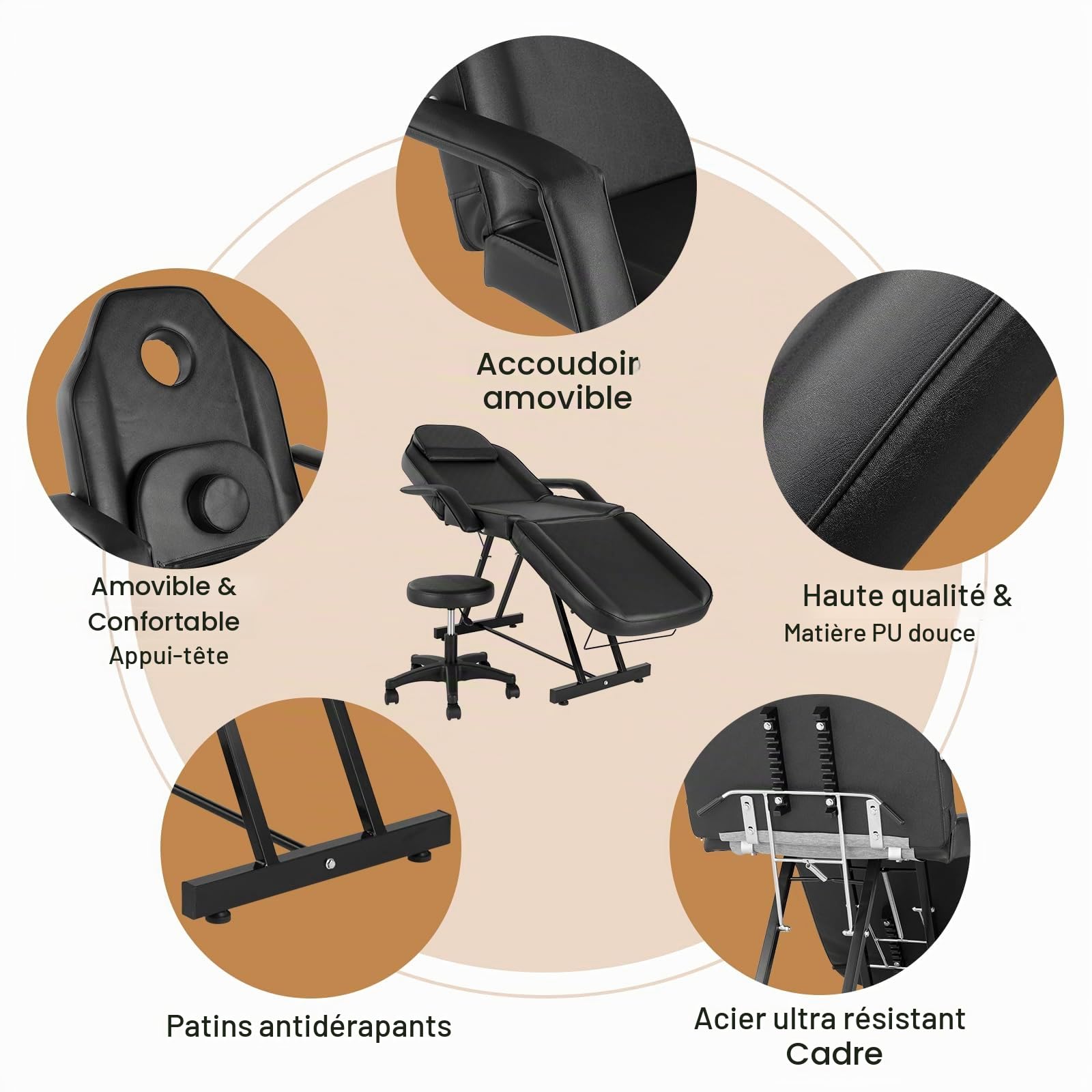 Bonnlo Fauteuil d'esthétique Pliable, Table de Tatouage, Table de Massage,avec Tabouret Roulant Tabouret pivotant, Fauteuil de Coiffure pour équipement de Salon de beauté Spa (Noir)
