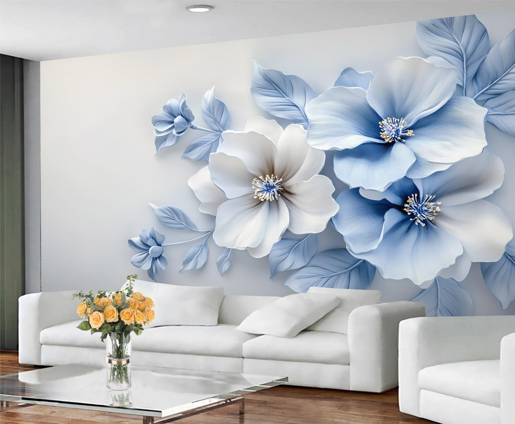 GIVLWF 3D Florals Wallpaper & Wall Mural, Nordic Flowers Bedroom Wallpaper, Blue and White Wall Paper for Living Room, Mural & Home Decor - Non Self Adhesive — image 1
