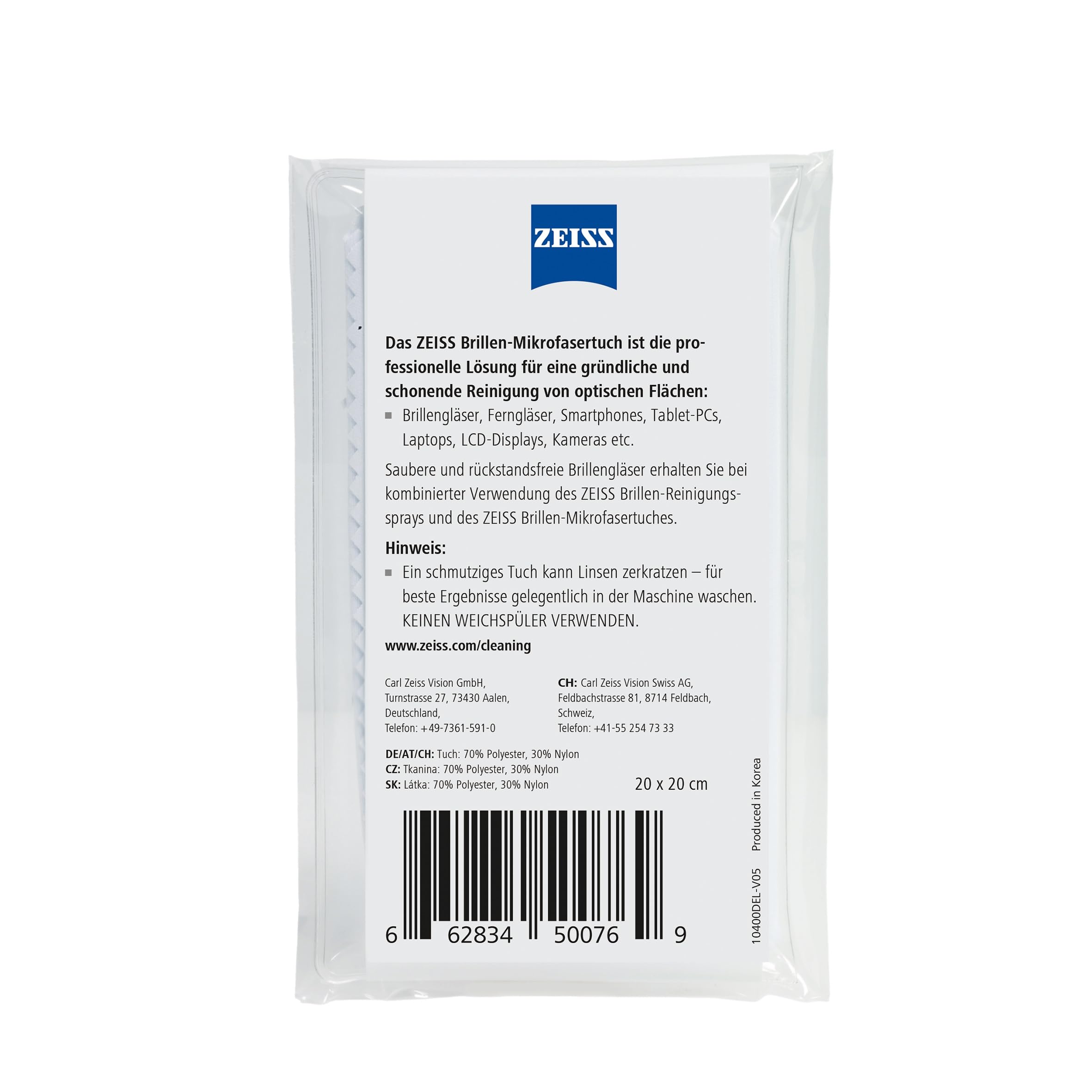ZEISS Ściereczka z mikrofibry do czyszczenia na sucho lub w połączeniu z sprayami do czyszczenia okularów, nadaje się do prania w pralce, idealna do okularów, smartfonów, tabletów lub wyświetlaczy LCD