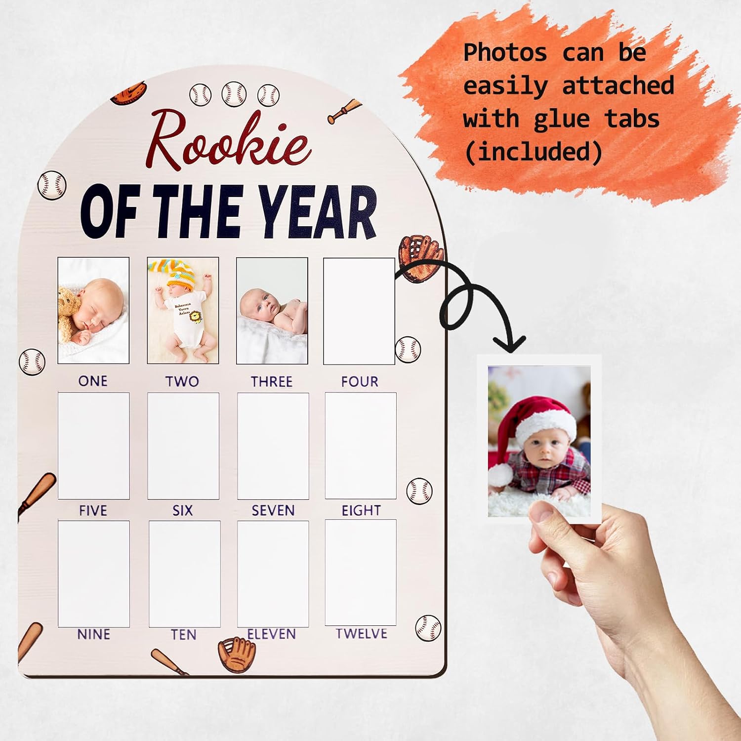 Photo Frame My First Year Photo Display Board, 17x12 INCH - Fits 2 x 3 Inch Photo, Baby's One Year Picture Frame 12 Months Milestone Board Nursery Decor Gift for Boy Girl(Baseball) image 4