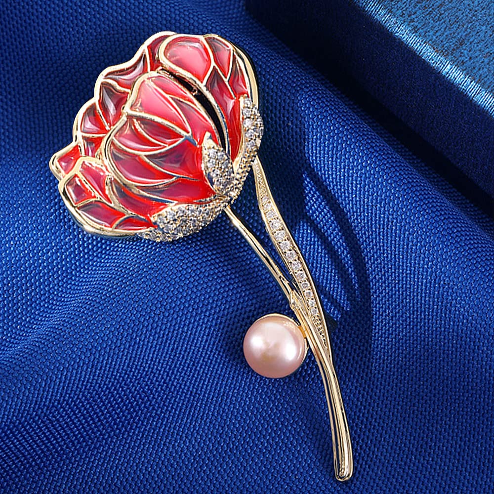LYGXWJFC Broszki dla kobiet, Vintage różowa emaliowana broszka z kwiatem Pin damska z broszką z imitacji perły