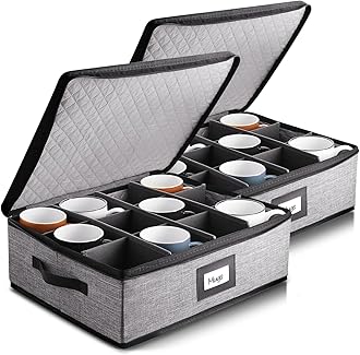 Coffee Mug Storage, 2 Pack Quilted and Stackable Coffee Cup Storage Organizer for Service of 12, Mug Storage Box with Dividers, Mug China Storage Containers Hard Shell for Moving and Seasonal Storage