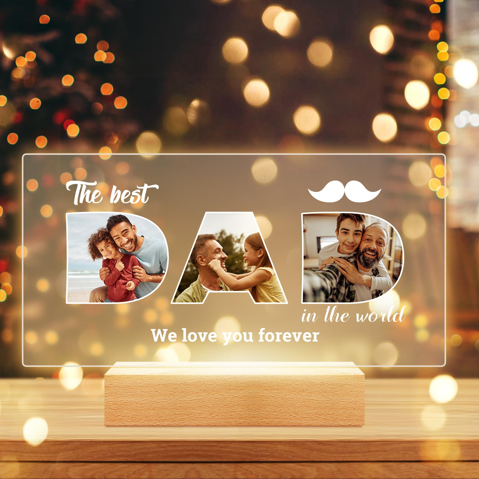 Personalised Gifts for Dad from Daughter and Son, Personalised Photo Frame with Night Light, Custom Acrylic Plaque Picture Frame with Photos, Customised Gifts for Dad Birthday and Fathers Day