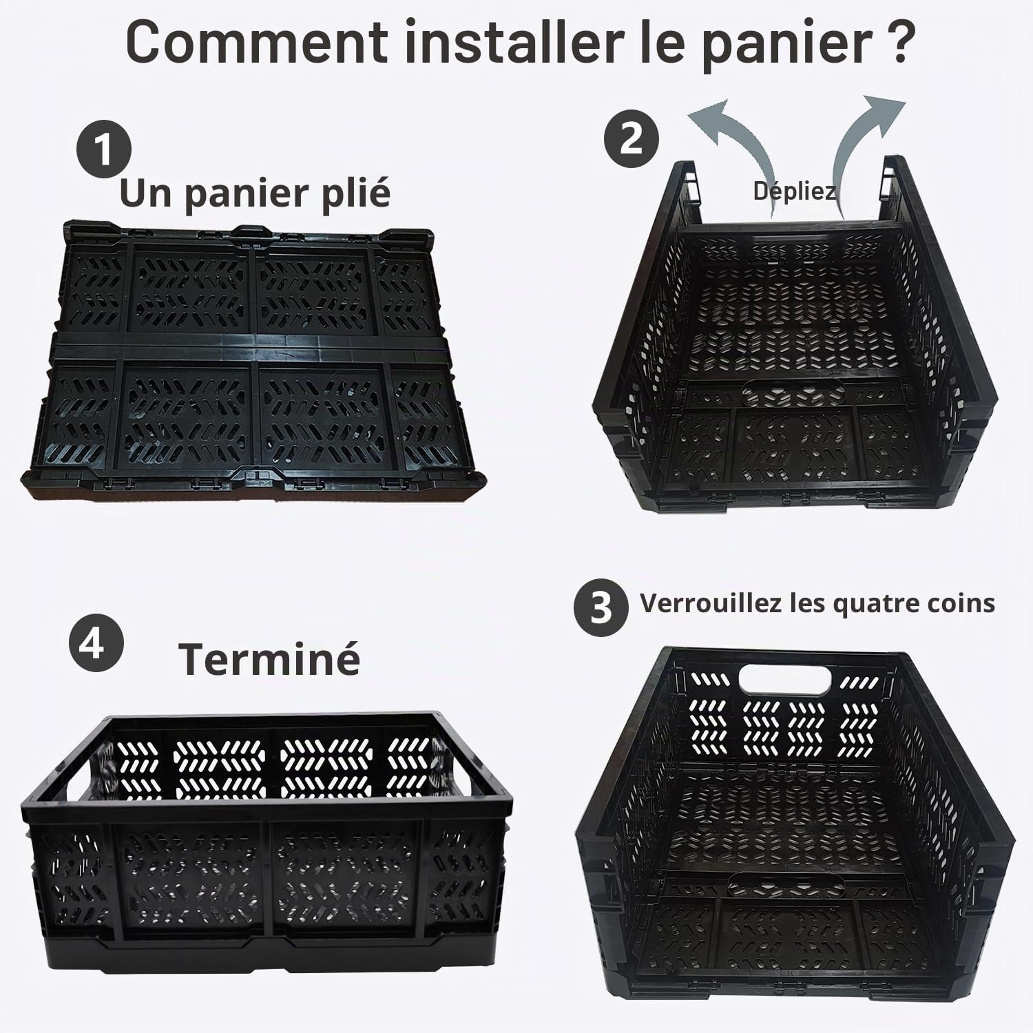 Lot de 4 caisses de rangement en plastique pliables pour la maison, la cuisine, le bureau, les aliments, les fruits, les légumes, les collations, les bouteilles, les jouets, le garde-manger