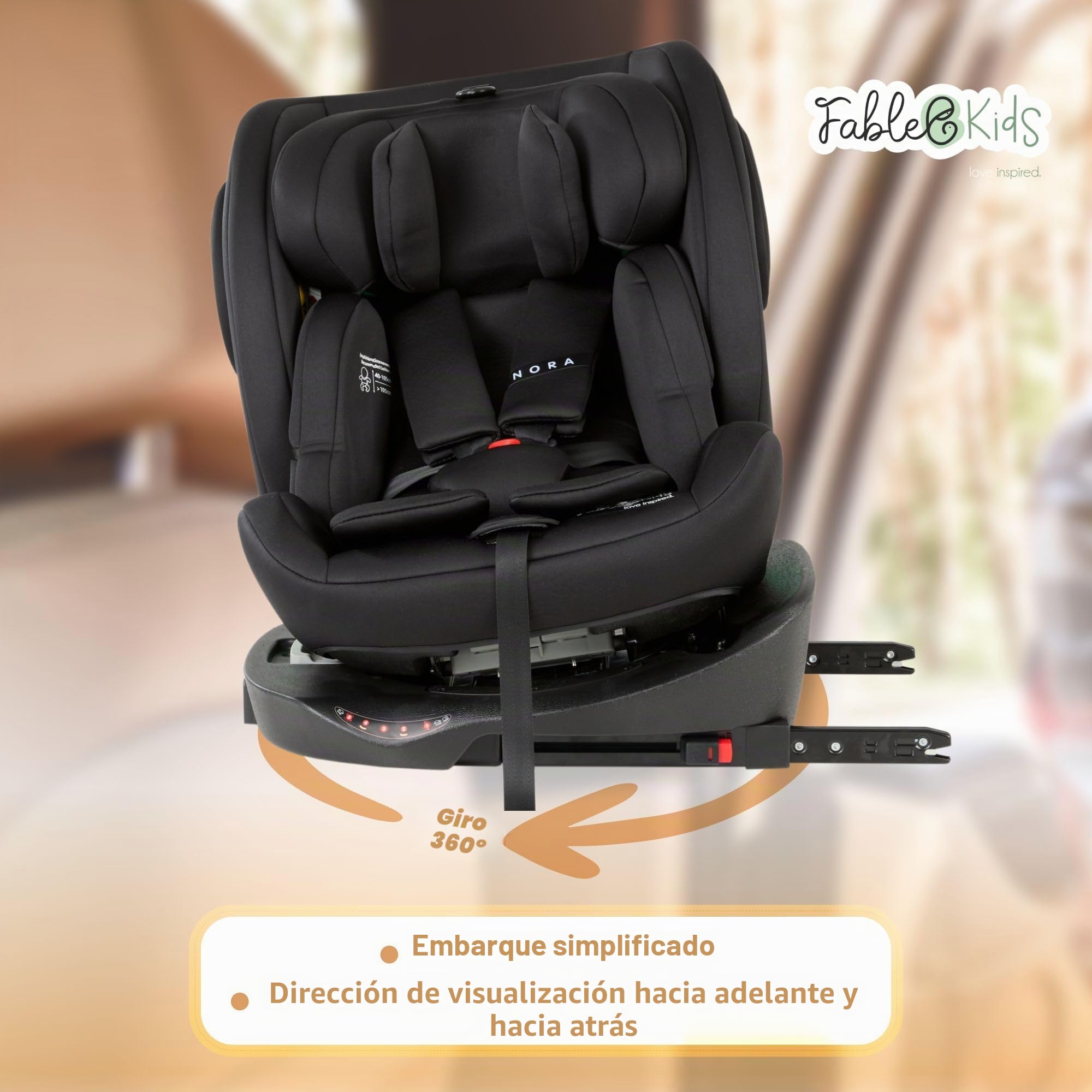 FableKids NORA Asiento infantil negro | Giratorio 360° i-Size asiento infantil 40 – 150 cm | Reboarder con ISOFIX y pata de apoyo | Reposacabezas y respaldo ajustables en altura | Certificado ECE R129