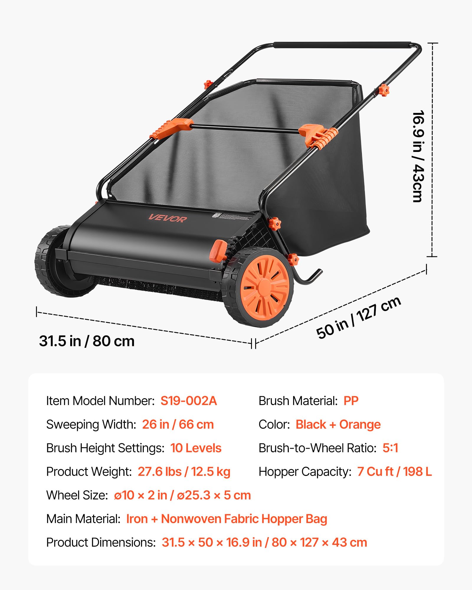 VEVOR Barredora Peinadora Césped Manual, Ancho de Trabajo de 66 cm, Cepillo para Césped, Saco de Recogida de 198 L, 10 Alturas Ajustables, para Limpiar Hojas Piñas Agujas de Pino en Jardín Acera Patio