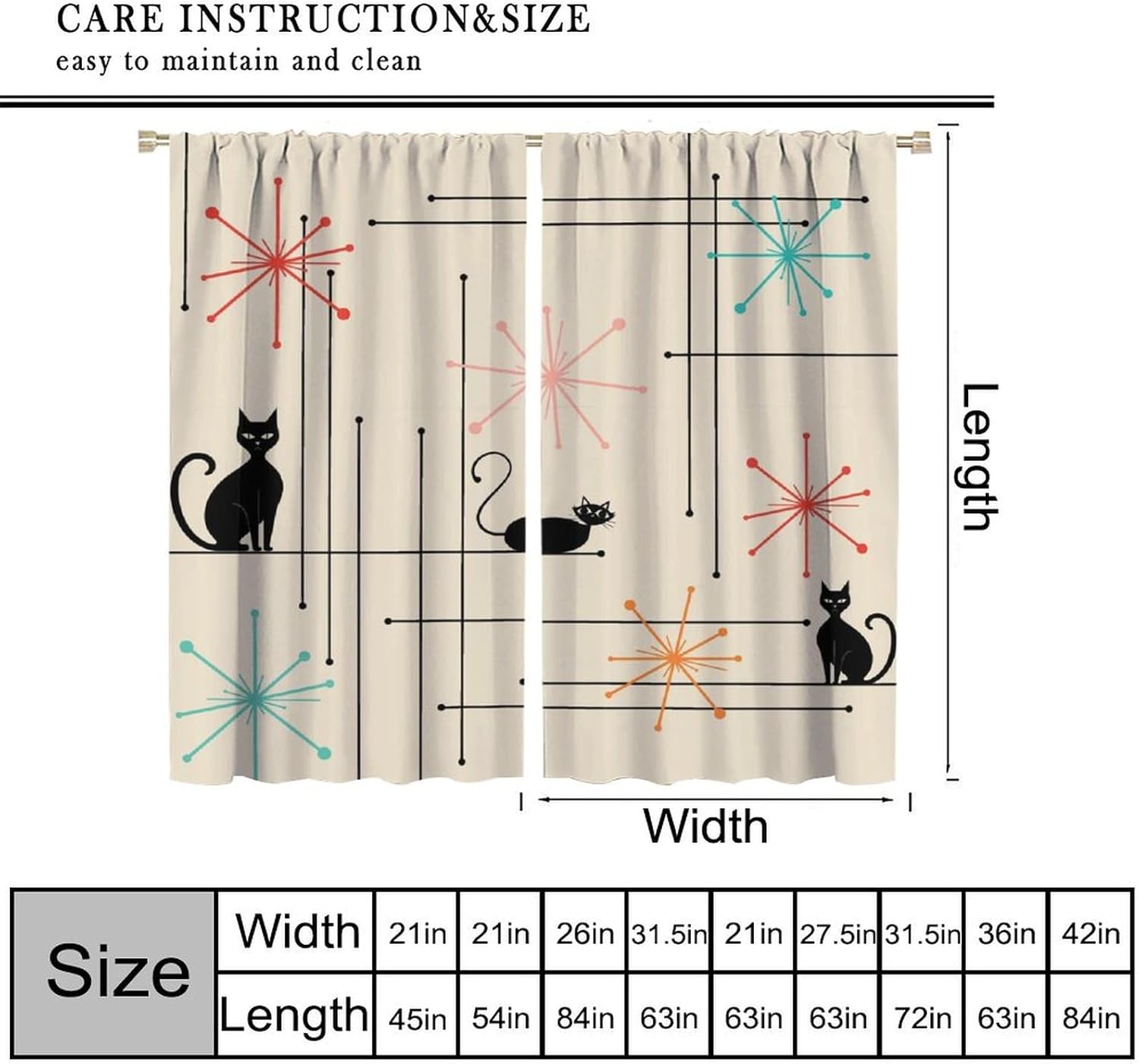 Retro 50s Curtains, Mid Century Vintage Geometric Abstract Atomic Black Cat Blackout Window Treatments, Rod Pocket Thermal Insulated Drapes for Bedroom Living Room, 42" W X 54" L