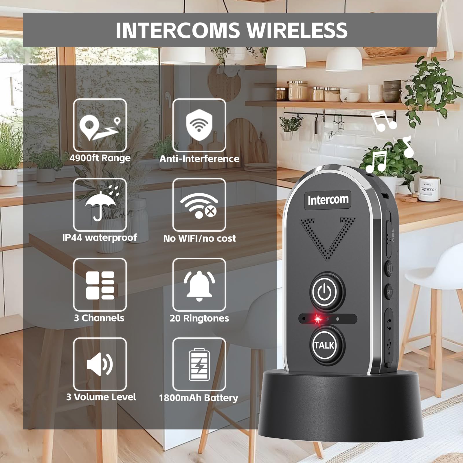 Interfoni wireless, 2 vie, portata 1500 m, IP44, impermeabile, 3 canali, citofoni interni ricaricabili per casa, ufficio, ospedale, hotel fabbrica (2 confezioni, nero)