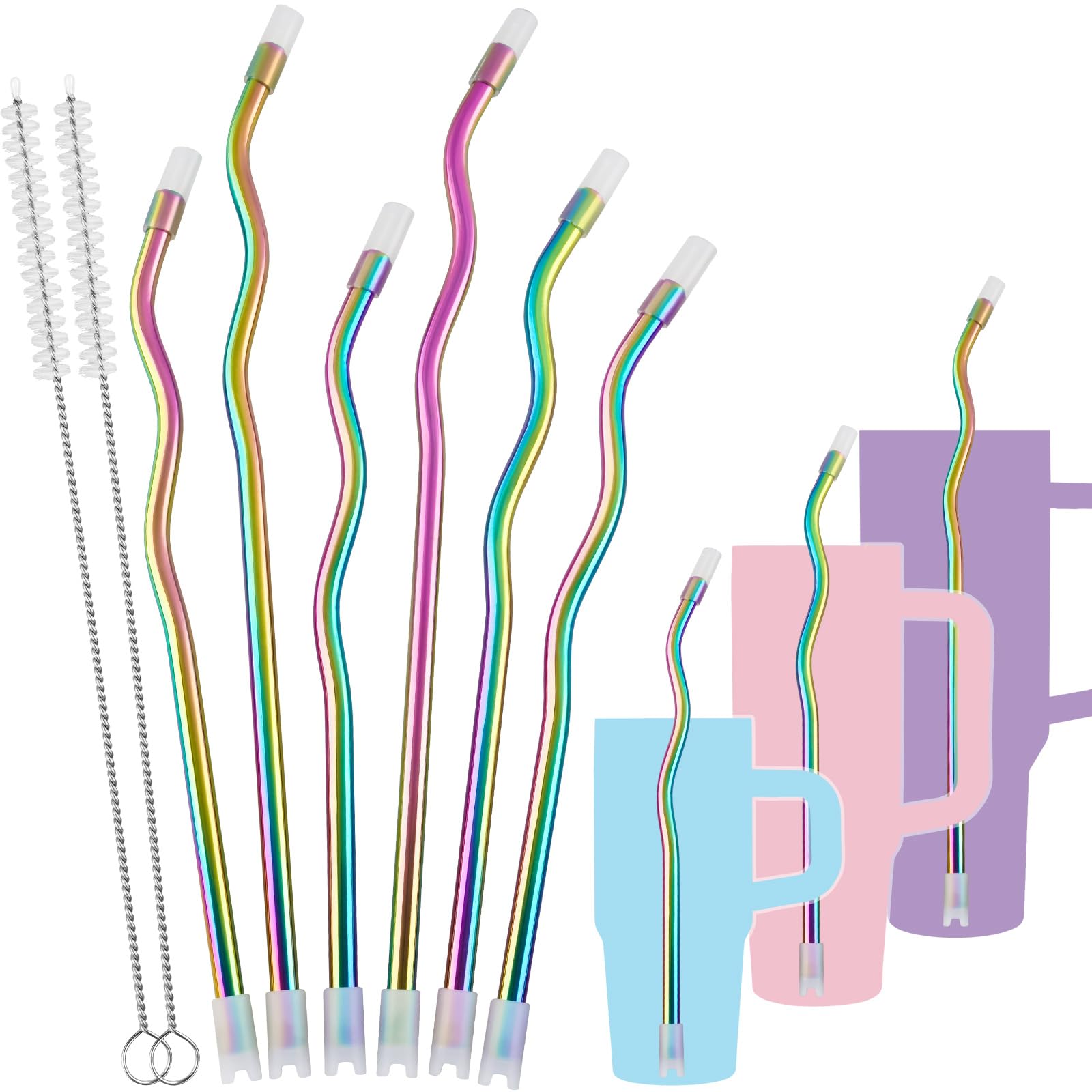NiHome 6-Pack Wavy Iridescent Stainless Steel Straws with Silicone Tips, Bases & 2 Cleaning Brushes, 3 Sizes 9.25", 10.24" & 12.2", Reusable Metal Straws for Stanley 30oz/40oz Tumblers, Cups and Mugs