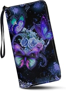 Butterfly Floral Women Leather Wallets RFID Blocking Zip Around Credit Card Holder Clutch Purse Wristlet Strap