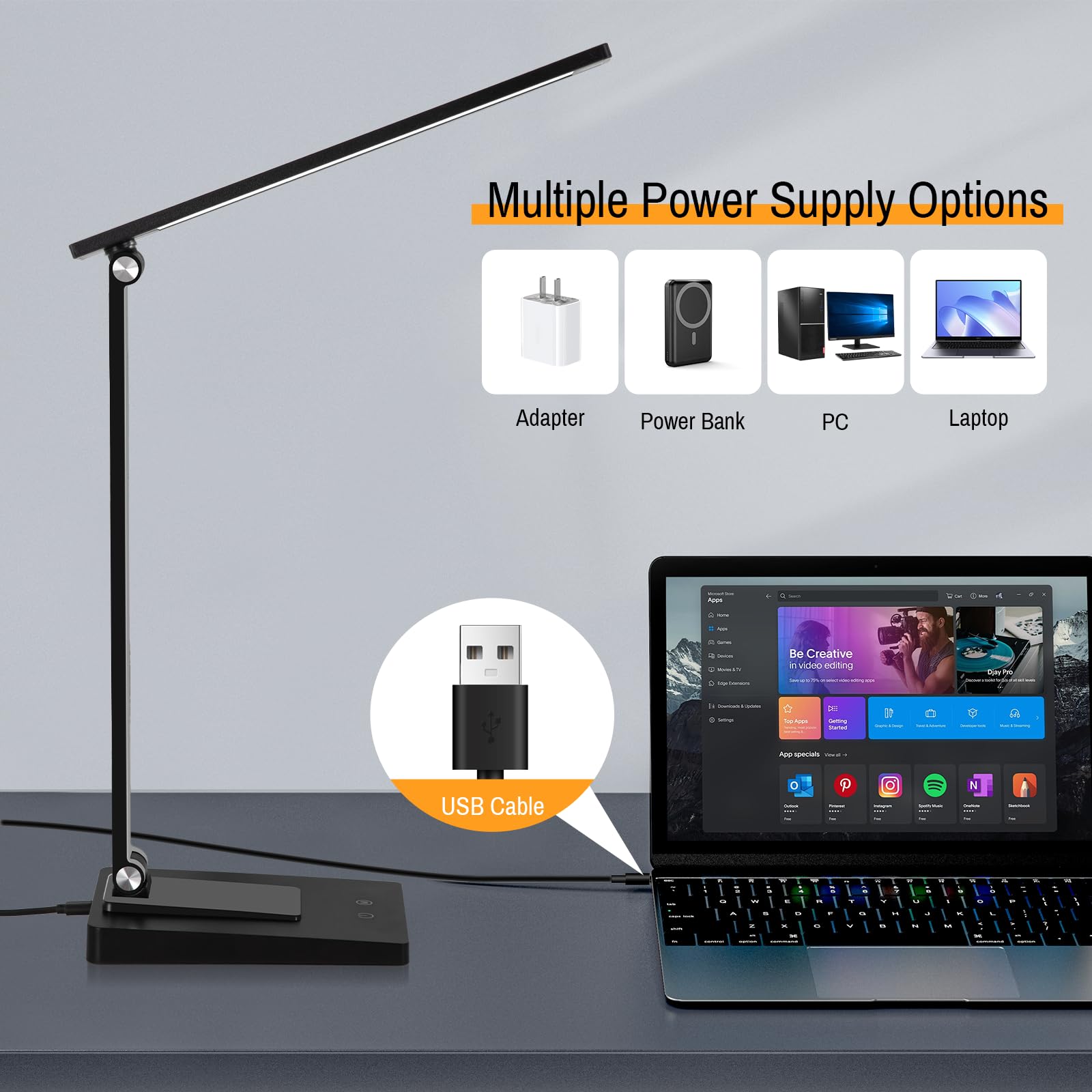 Lámpara Escritorio LED, 800LM 2600mAh Flexo LED Escritorio sin Cable, 5 Modos, 5 Niveles de Brillo Lámpara de Mesa Aluminio & Plegable con Puerto USB para Cama, Estudiar