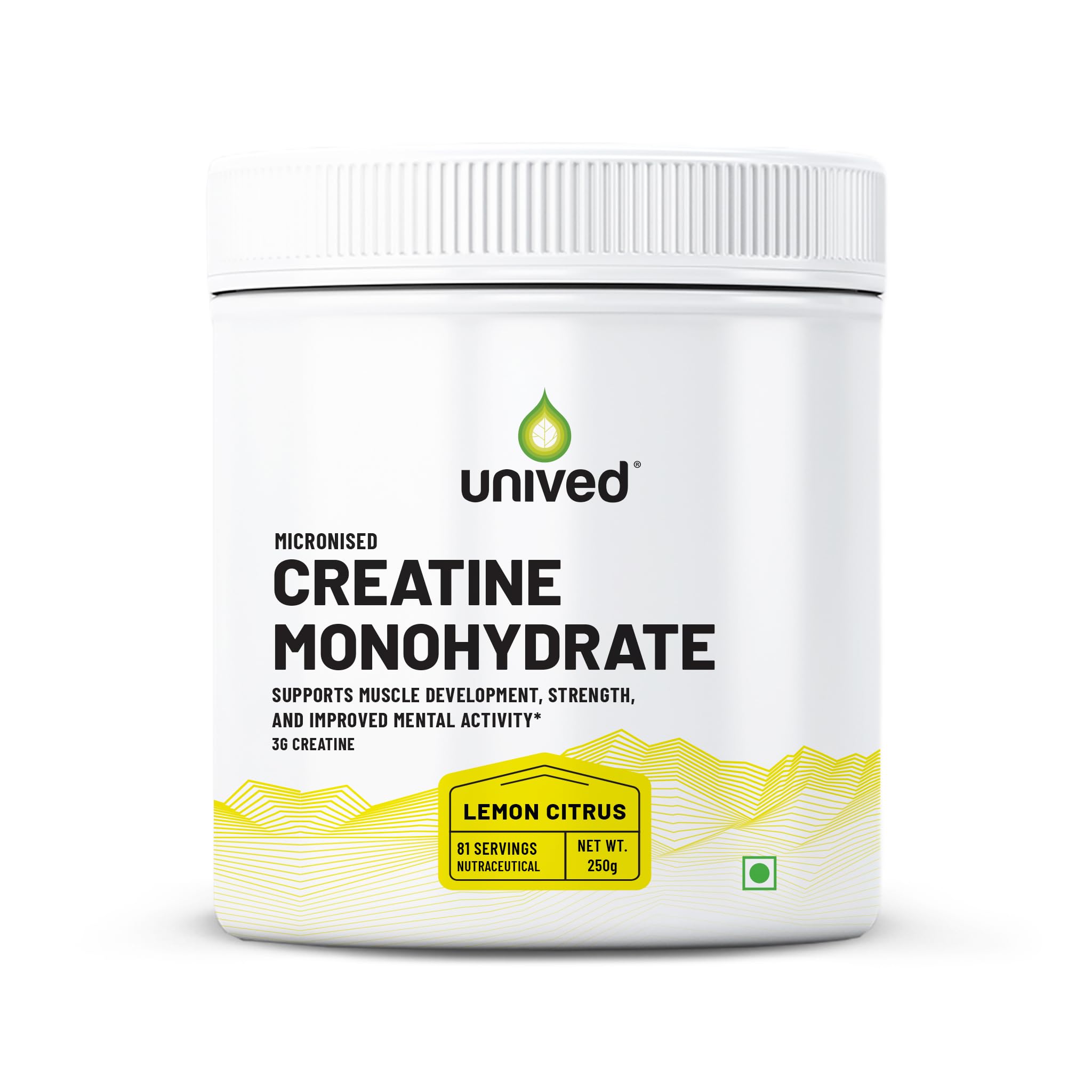unived micronised creatine monohydrate powder – 250g | 100% pure | supports strength, power & muscle recovery (lemon citrus)