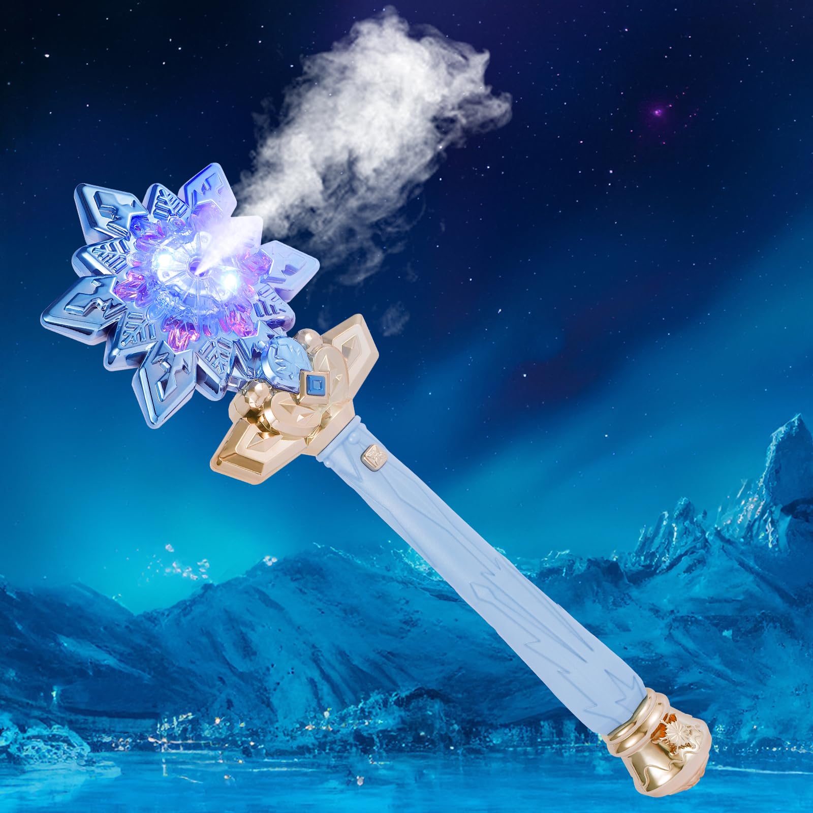 Snowflake Toy Wand with Mist, Light Up Wand with Melodies &amp; Fairy Sounds, Magic Wand for Kids Girls Princess Cosplay Birthday Party Favors, Blue