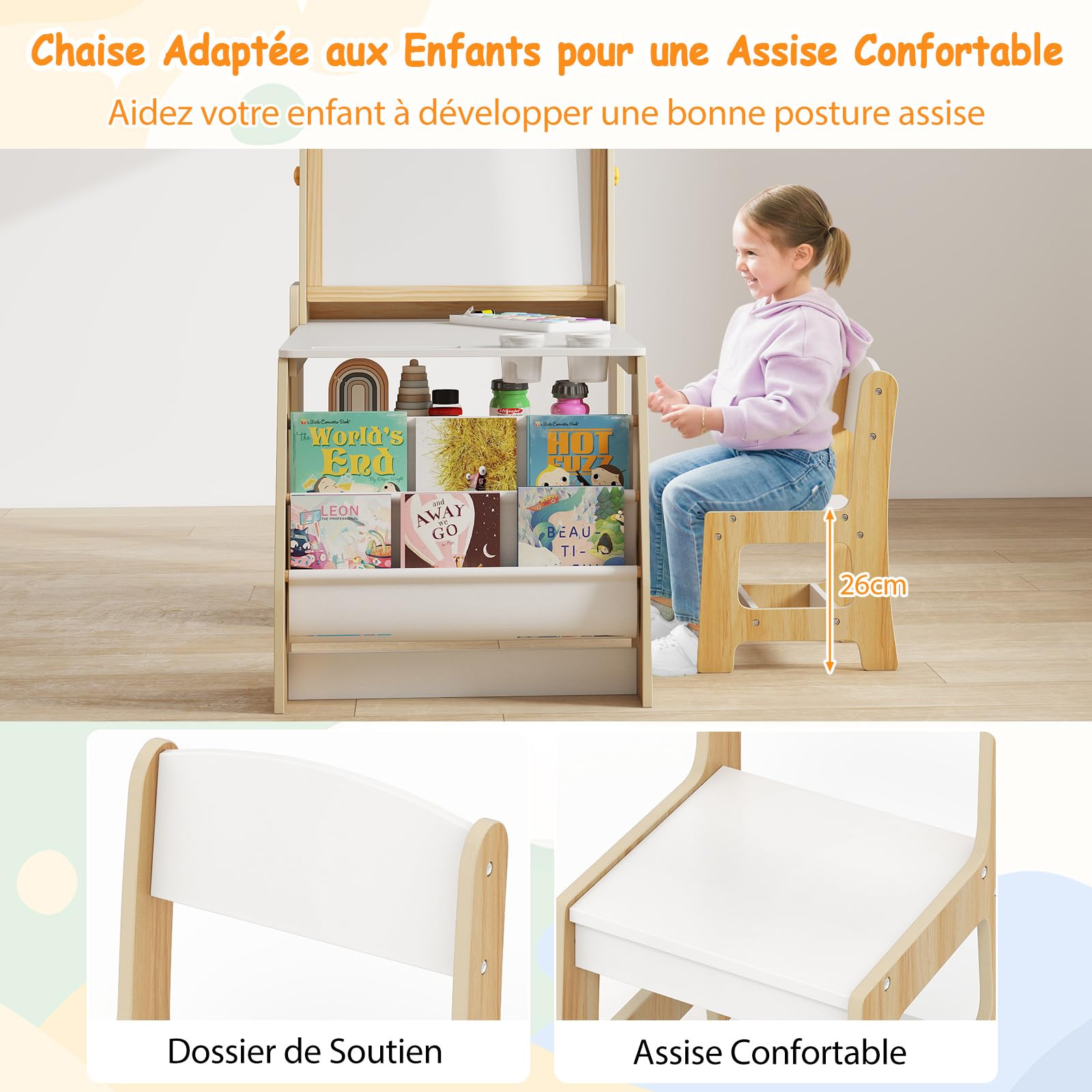 COSTWAY Table Enfant avec Chaise & Tableau Noir & Tableau Blanc, Table à Dessin avec 2 Étagères Ouvertes & Bibliothèque, Rouleau de Papier, Bureau Enfant avec Rangement, Chevalet pour 3 Ans+ (Naturel)