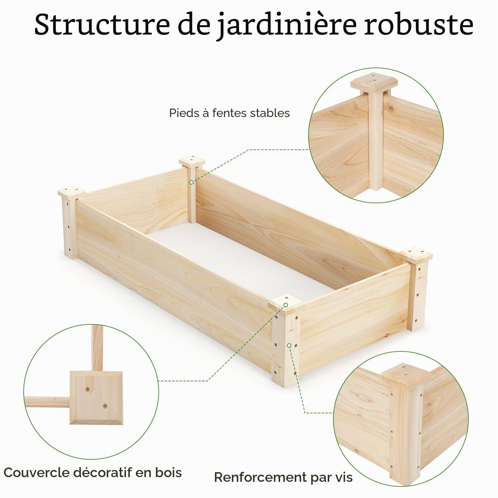 HOMASIS Jardinière en Bois de Sapin, Bac à Plantes avec Fond Ouvert, Carré Potager Extérieur, Séparateurs pour Fleurs, Légumes, Fruits, Herbes, Parterre de Jardin, Lit de Jardin pour Balcon Terrasse