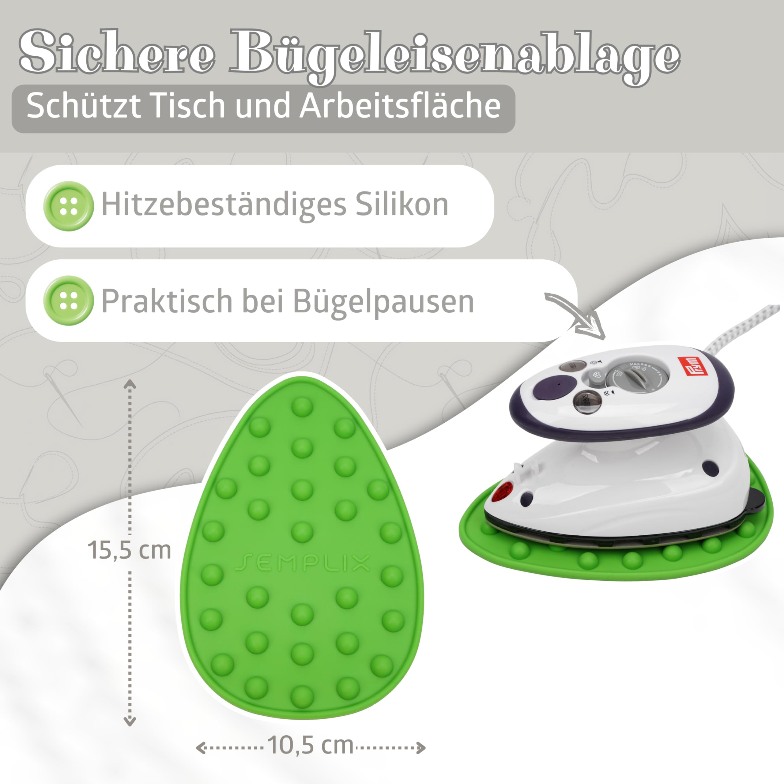 SEMPLIX Bügel Set – Bügelunterlage mit rutschhemmender Rückseite 30 x 40 cm, Mini Bügeleisenablage 10,5 x 15,5 cm, Prym Mini Dampf Bügeleisen (grün)