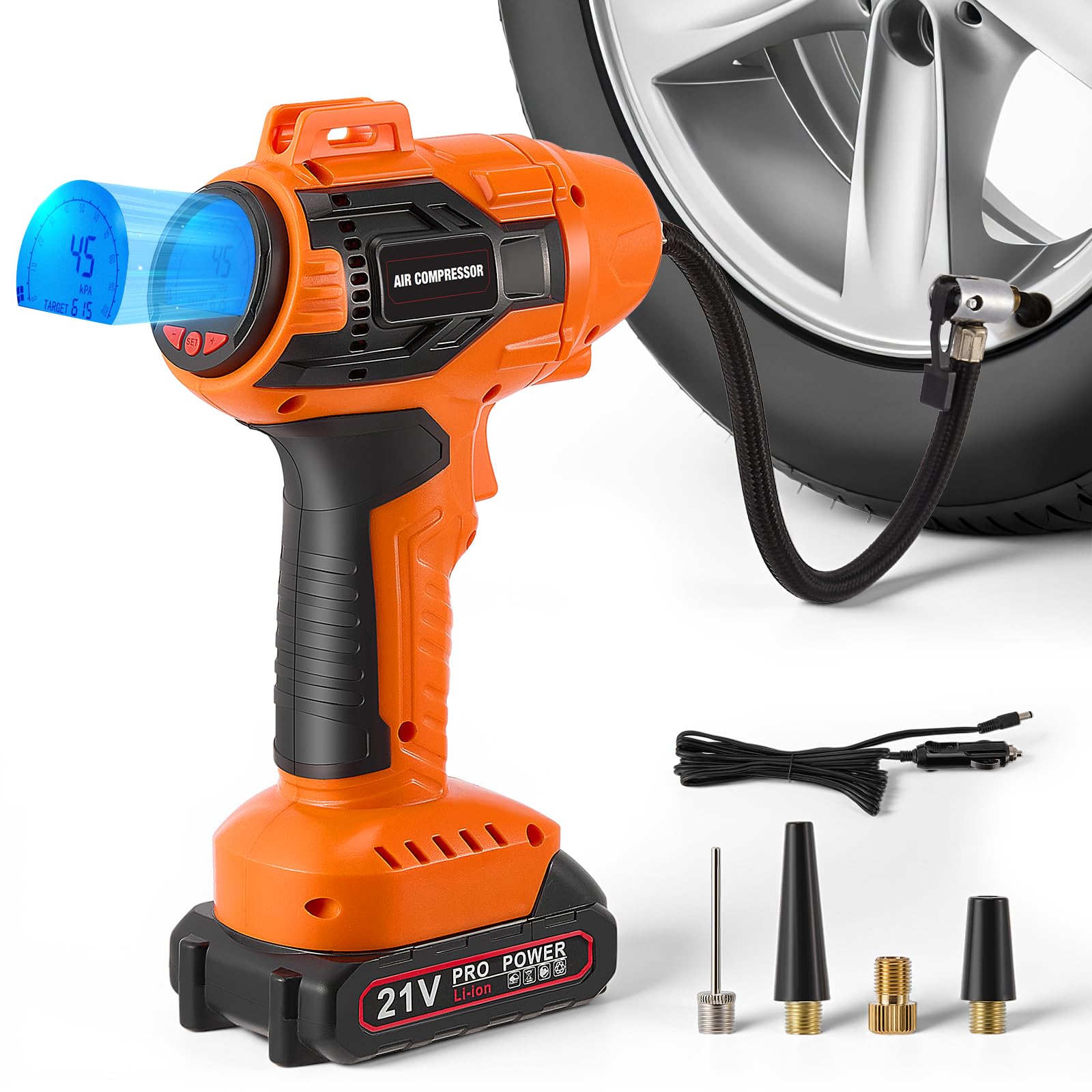 Kabelloser Akku-Luftkompressor, 160 PSI, mit digitalem Manometer & Auto-Stopp, tragbare Luftpumpe für Auto, Motorrad, Fahrrad, Bälle – gelb
