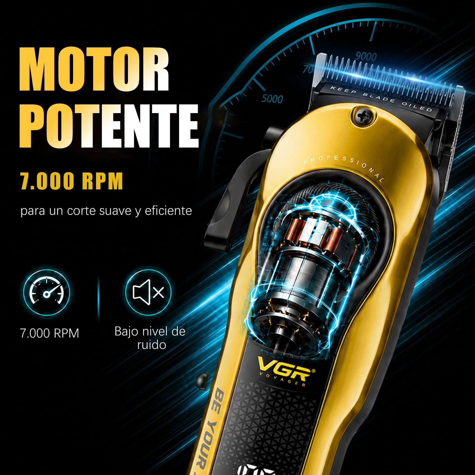 VGR 170 Maquina Cortar pelo Profesional, Palanca de Ajustable, Titanio | Recortadora Inalámbrica Para Hombre Con 2 Cubiertas Modulares, Cuchilla Con Recubrimiento De Titanio, Carga USB, Pantalla LED