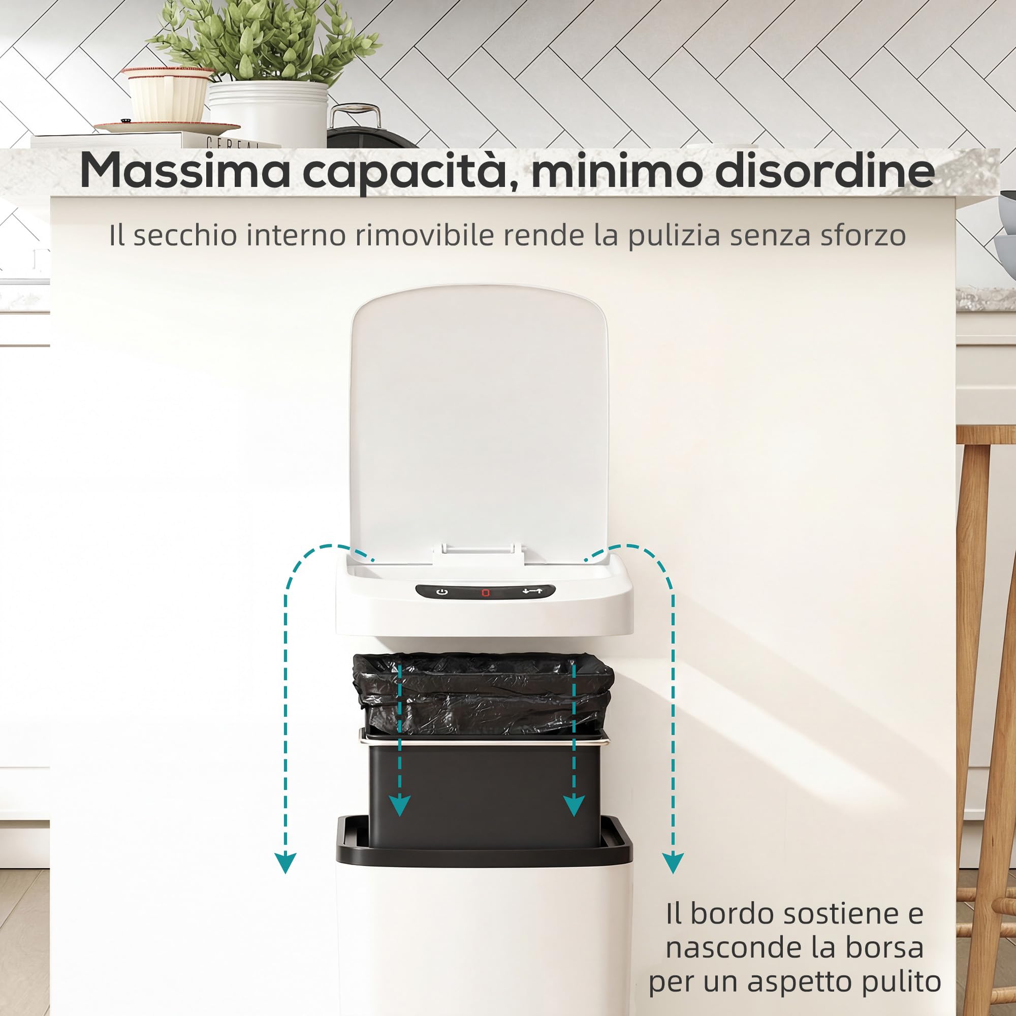 HOMCOM Cestino Pattumiera da 12L Sensore a Infrarossi 28x22x41 cm Bianco | Pulsante Touch, Secchio Rimovibile, Bidone per Immondizia, Acciaio Inox, ABS e PP