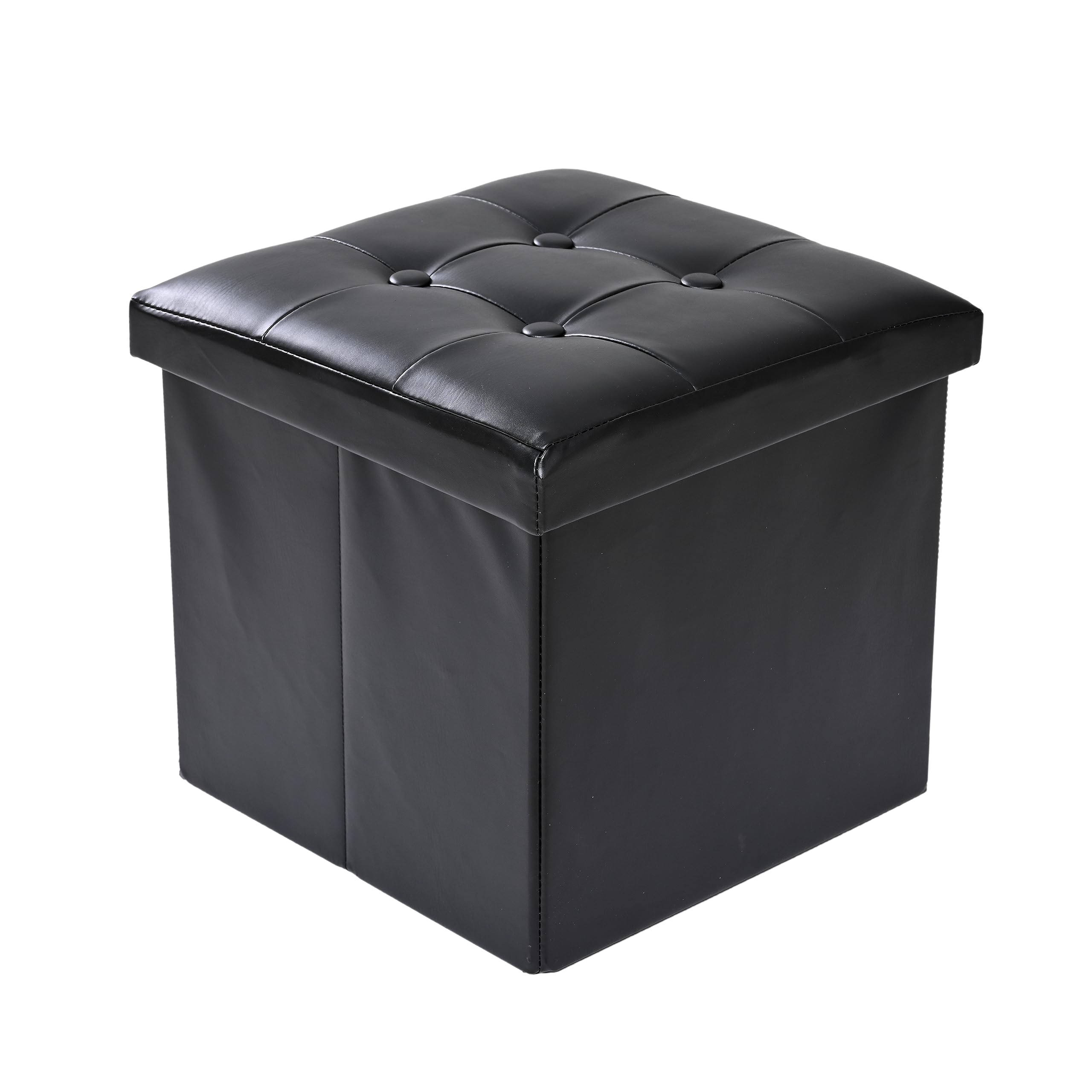 CMY Folding Storage Ottoman Footstool with Lid – Faux Leather Pouffe, Multifunctional Seat & Storage Box for Living Room, Bedroom, Entryway – Durable Foldable Stool (Black)